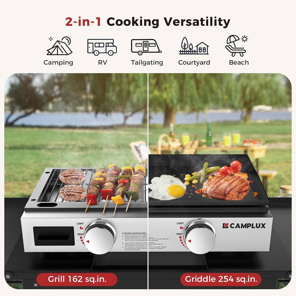 CAMPLUX Propane Tabletop Grill Griddle 2-in-1, Non-Stick Flat Top Griddle with Ceramic Coated 19,000 BTU, 23-Inch Gas Grill for RV, Camping, Tailgating, and Outdoor GG302S