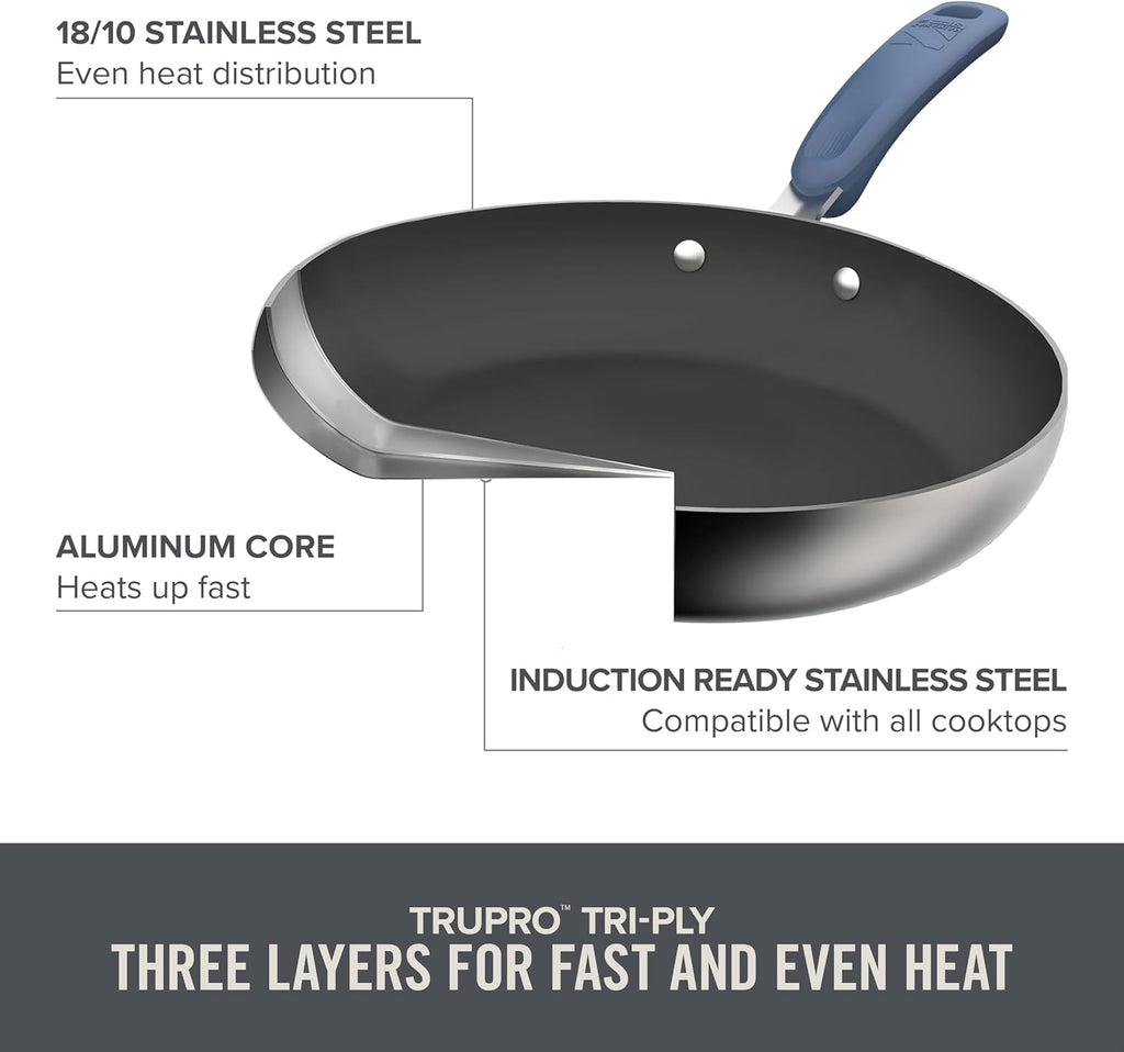 Zakarian x Dash TruPro® Stainless Steel Cookware Set - Rust-Resistant, Nonstick Cookware Set for Everyday Cooking - Straining Lid with Stackable Lids and Heat Resistant Handles - Blue, 10-Piece Set