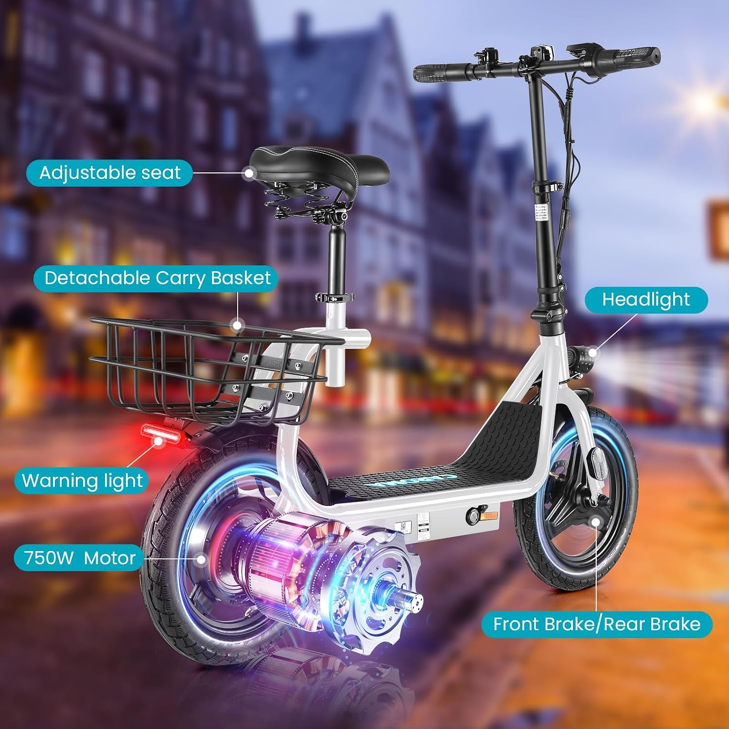 Caroma Electric Scooter with Seat for Adults, 1200W/800W Peak Motor, 30Miles Long Range & 20Mph, 14' Fat Tire Foldable E Scooter with Basket for Commuting, Grocery, Pets