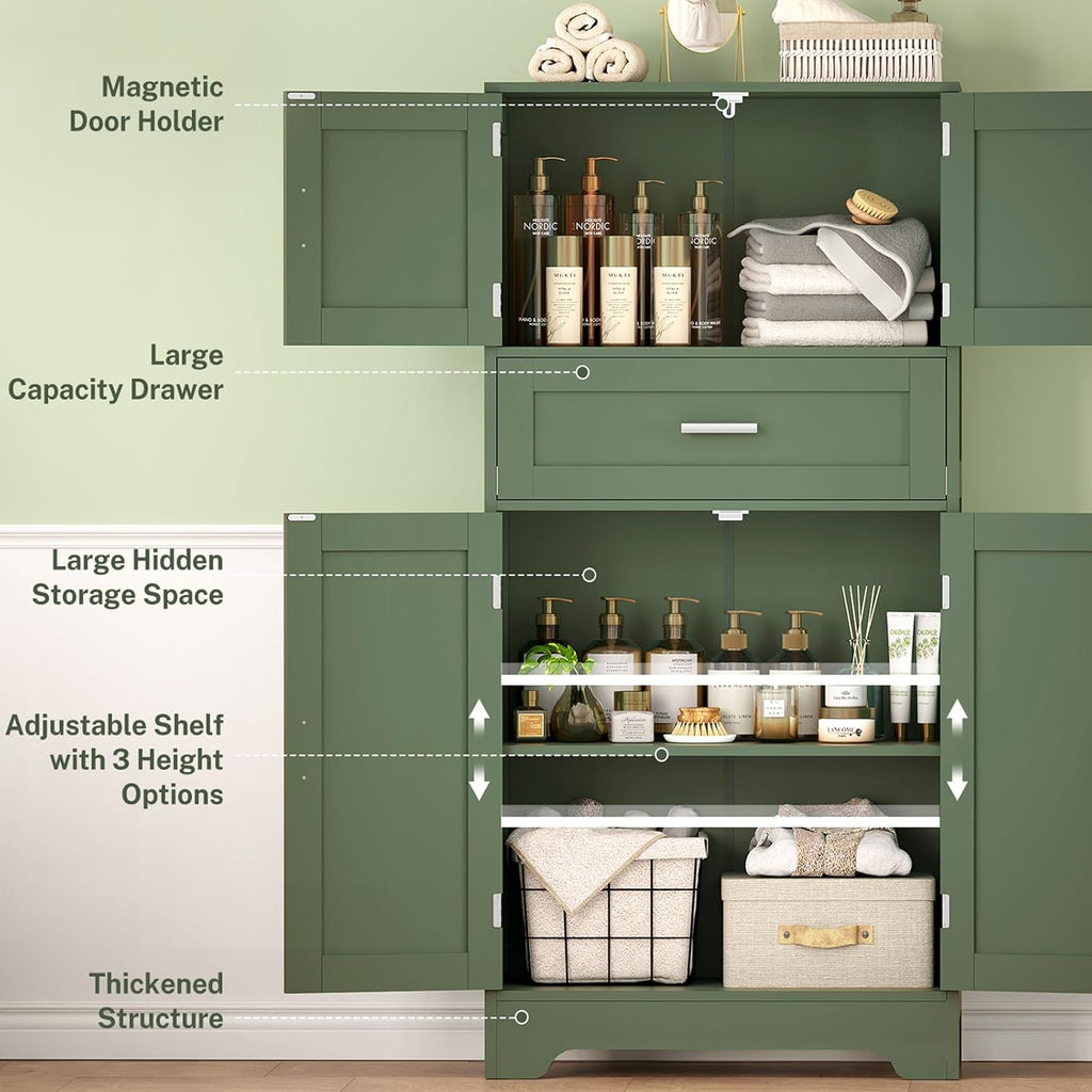 TEENFON Bathroom Floor Storage Cabinet with Adjustable Shelf, Freestanding Storage Cabinet with 4 Doors, Cupboard for Living Room, Home Office, Entryway, Forest Green