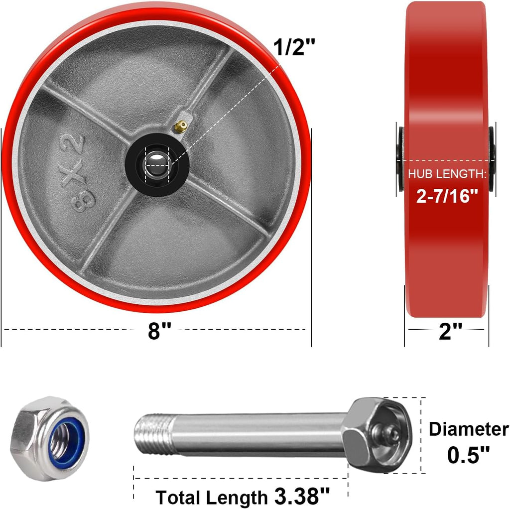 8' x 2' Heavy Duty Caster Wheels, Set of 4, Polyurethane on Cast Iron, 1/2' Bore Axle, 800lbs Load Capacity Each, Roller Bearing, Red