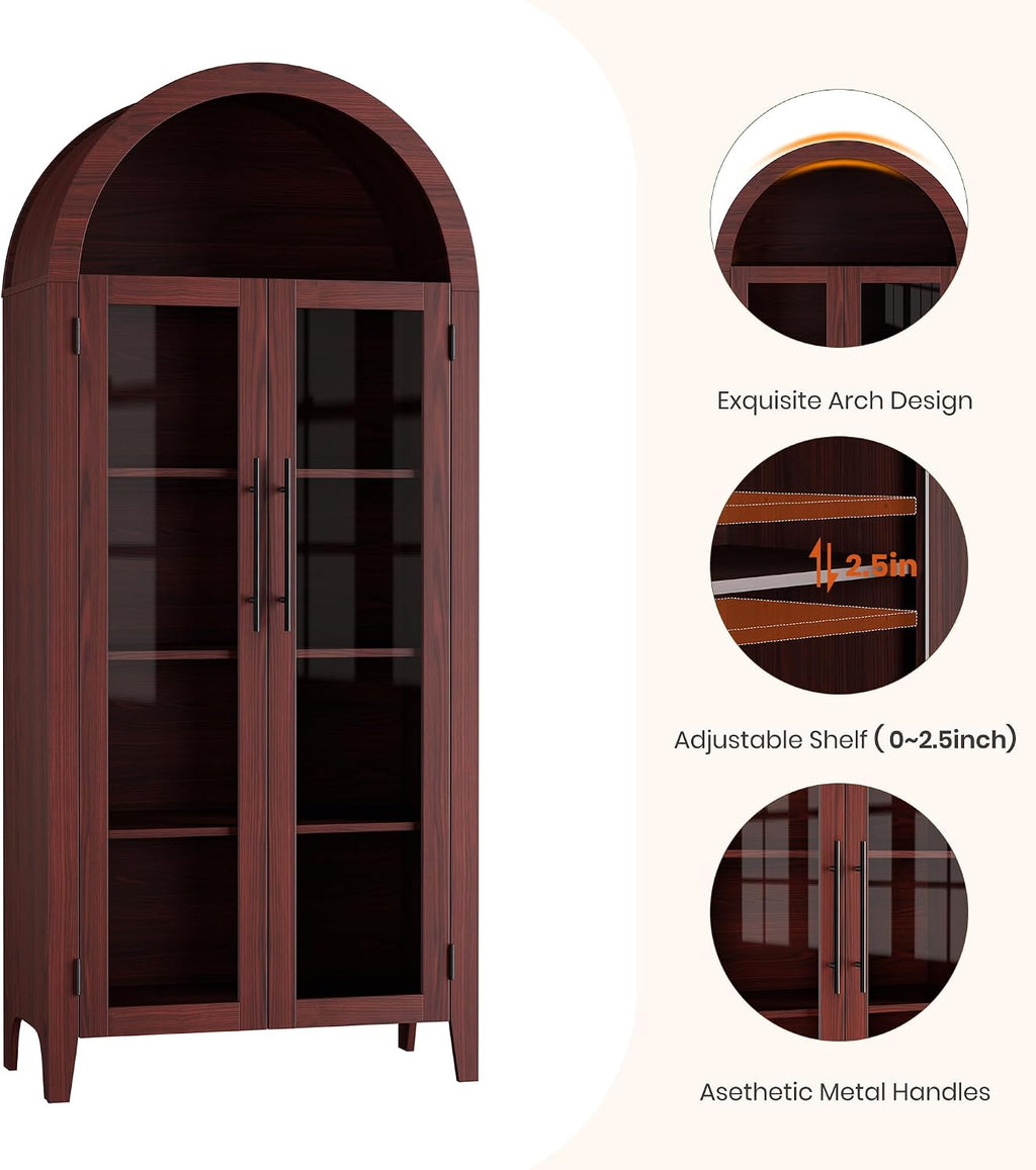 IDEALHOUSE Arched Kitchen Pantry Storage Cabinet - Farmhouse 5-Tier Display Shelf with 2 Large Glass Doors and Adjustable Shelf, Versatile Cupboard for Kitchen, Dining Room, Living Room, Walnut