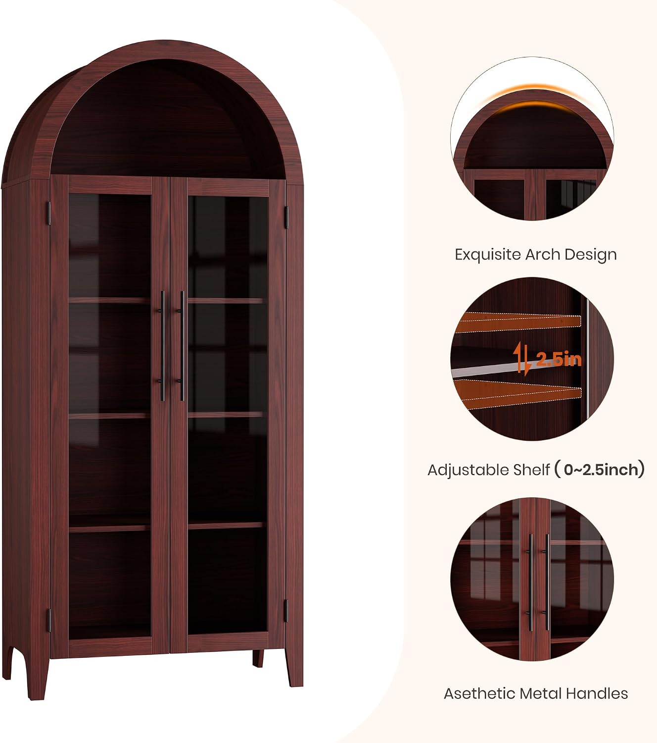 IDEALHOUSE Arched Kitchen Pantry Storage Cabinet - Farmhouse 5-Tier Display Shelf with 2 Large Glass Doors and Adjustable Shelf, Versatile Cupboard for Kitchen, Dining Room, Living Room, Walnut