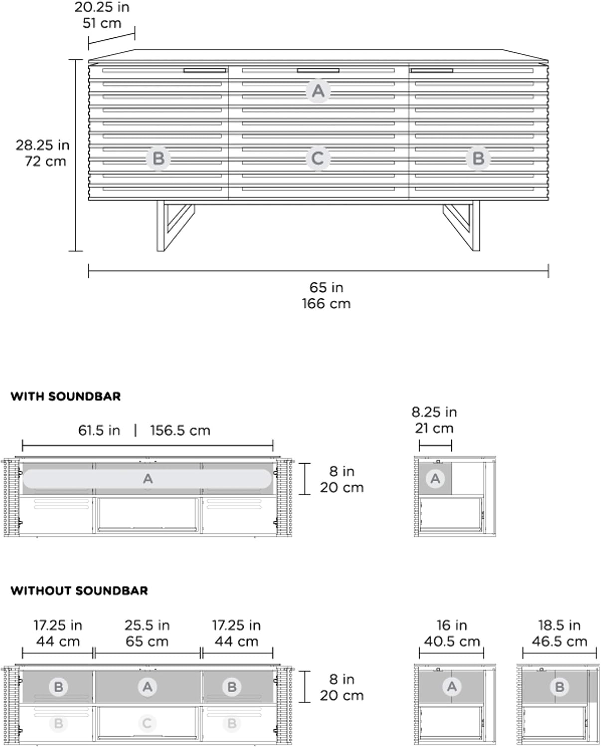 BDI Furniture Corridor 8177-65'' TV Stand for TVs up to 70' with Soundbar Shelf, Storage Drawer, Cable Management, Remote-Friendly Louver Doors, Satin-Etched Glass Top, Natural Walnut