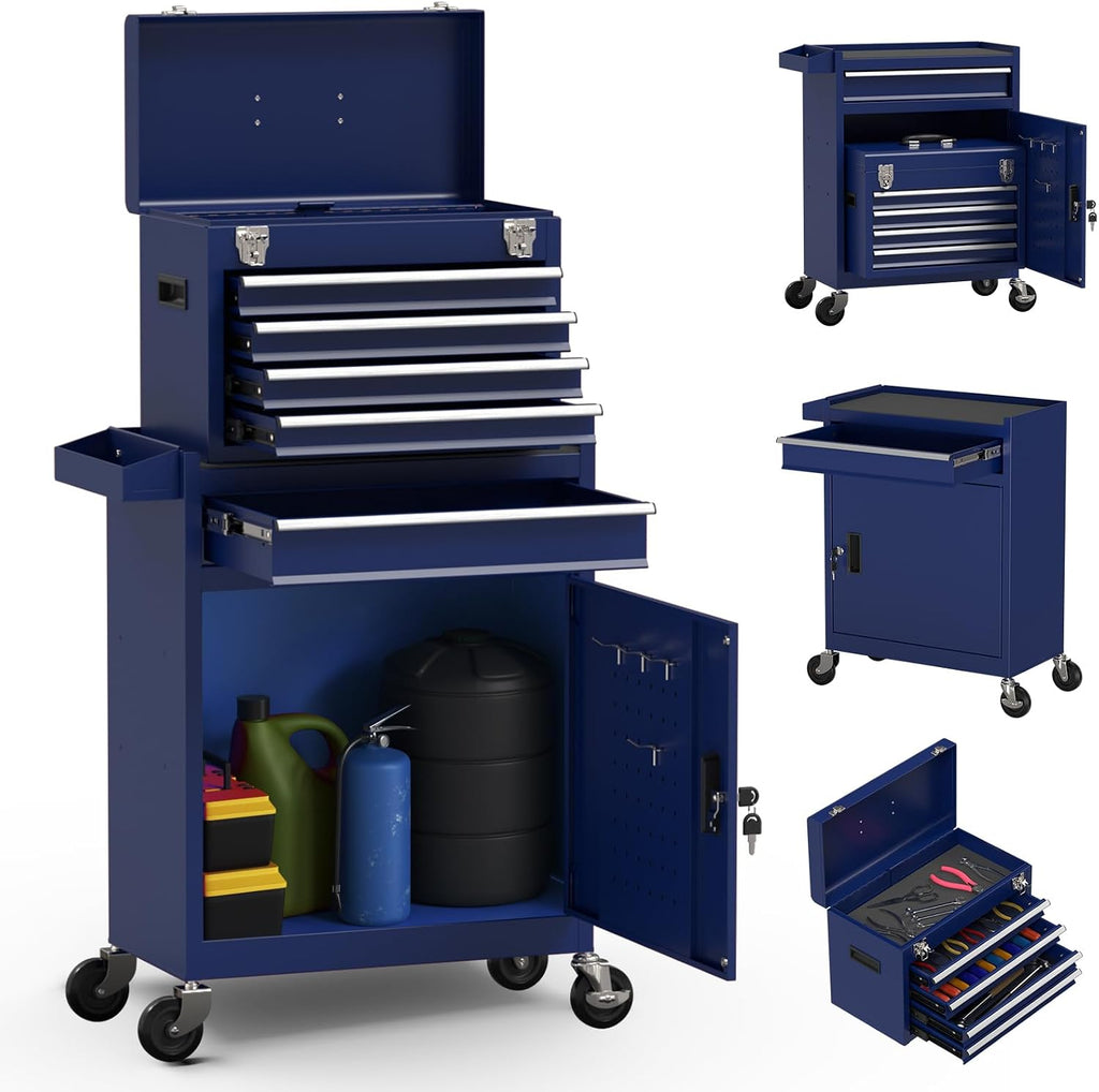 5-Drawer High Capacity Rolling Tool Box, Removable Cabinet Storage Tool Chest with Wheels and Drawers, Detachable Toolbox with Lock for Mechanics Garage Workshop and Tool Room (Blue)