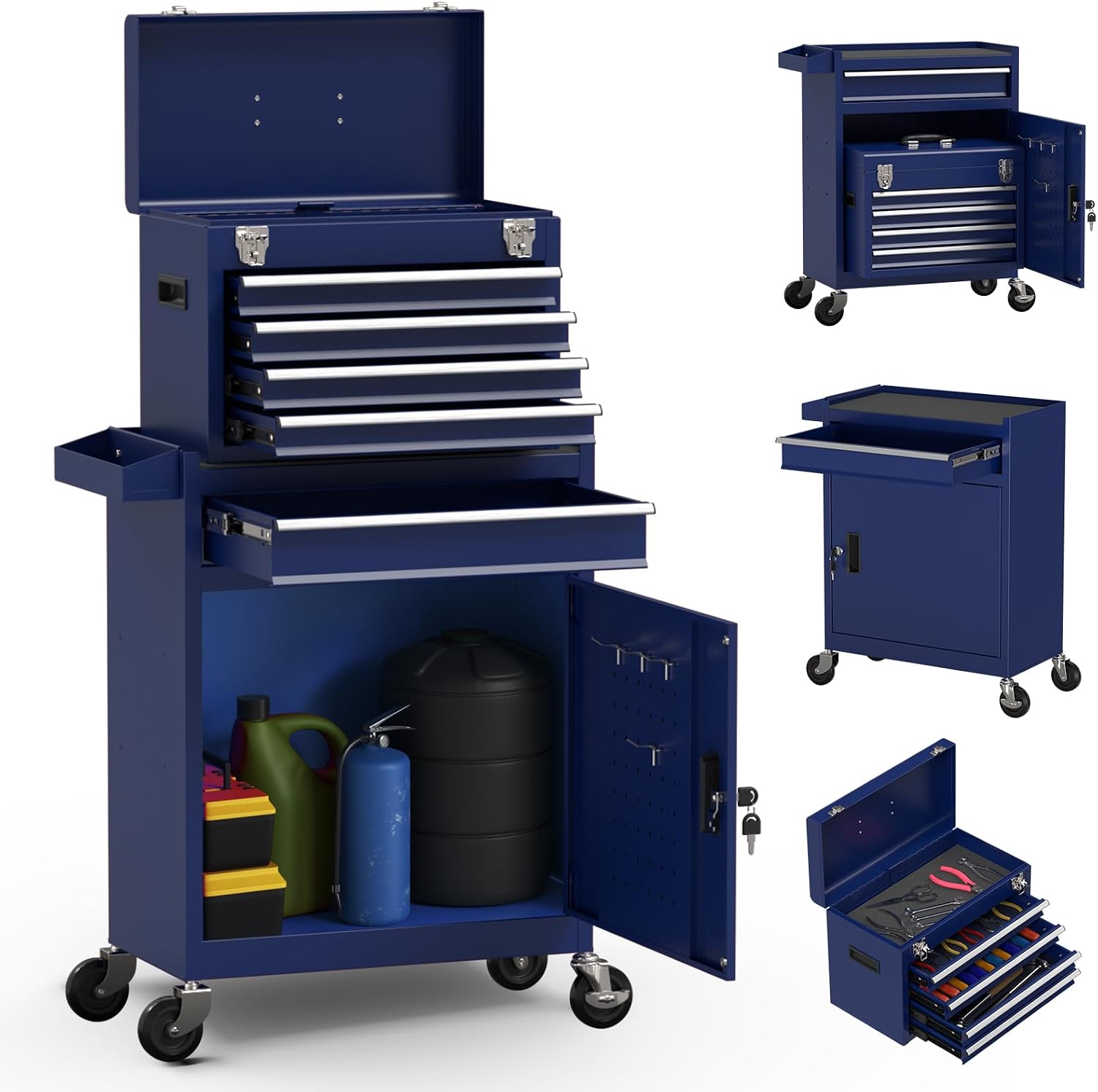 5-Drawer High Capacity Rolling Tool Box, Removable Cabinet Storage Tool Chest with Wheels and Drawers, Detachable Toolbox with Lock for Mechanics Garage Workshop and Tool Room (Blue)