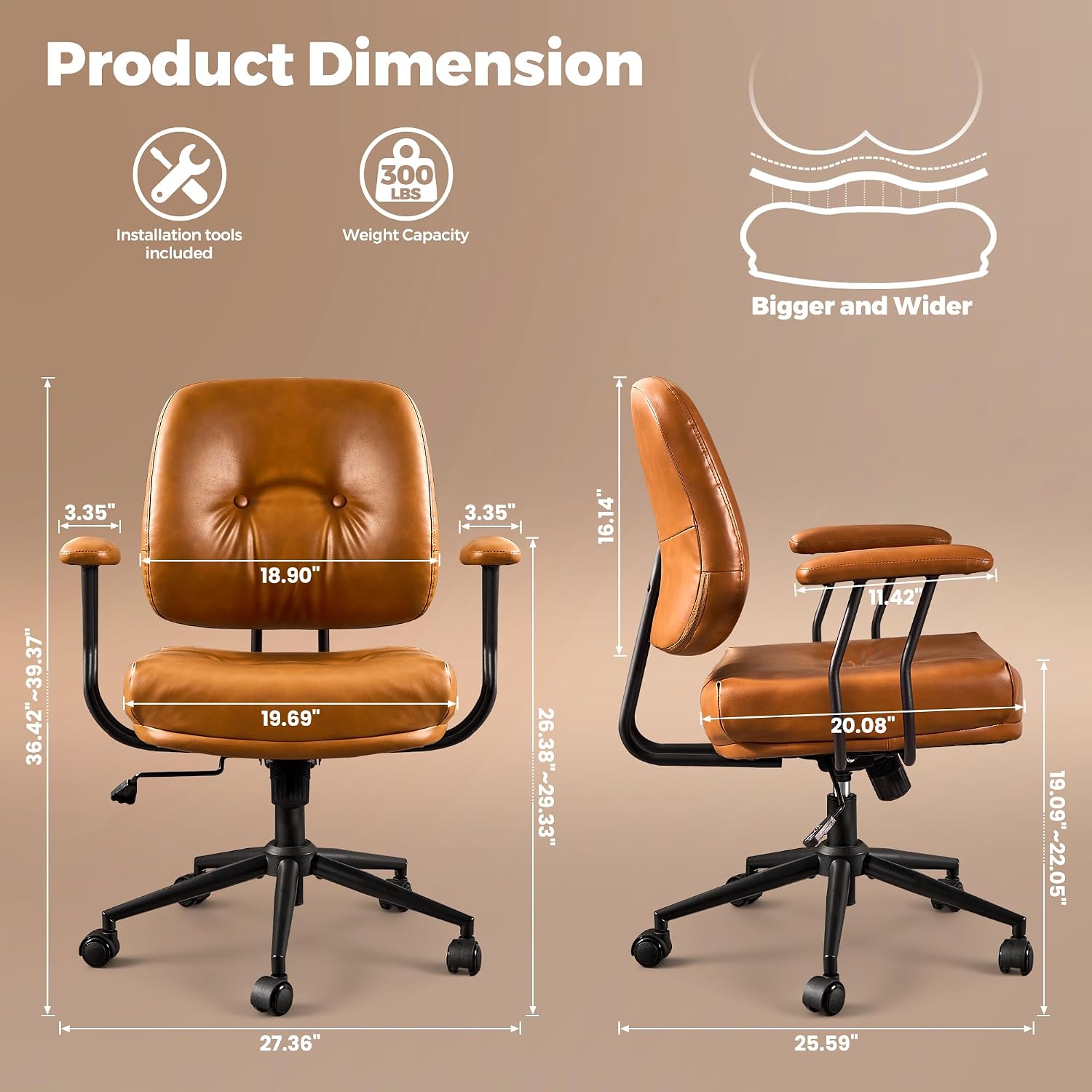 ovios Ergonomic Office Chair, Mid Back Faux Leather Executive Chairs with Thick Cushion, Comfy Mid-Century Modern Swivel Rolling Computer Armchair (Brown, PU Leather)