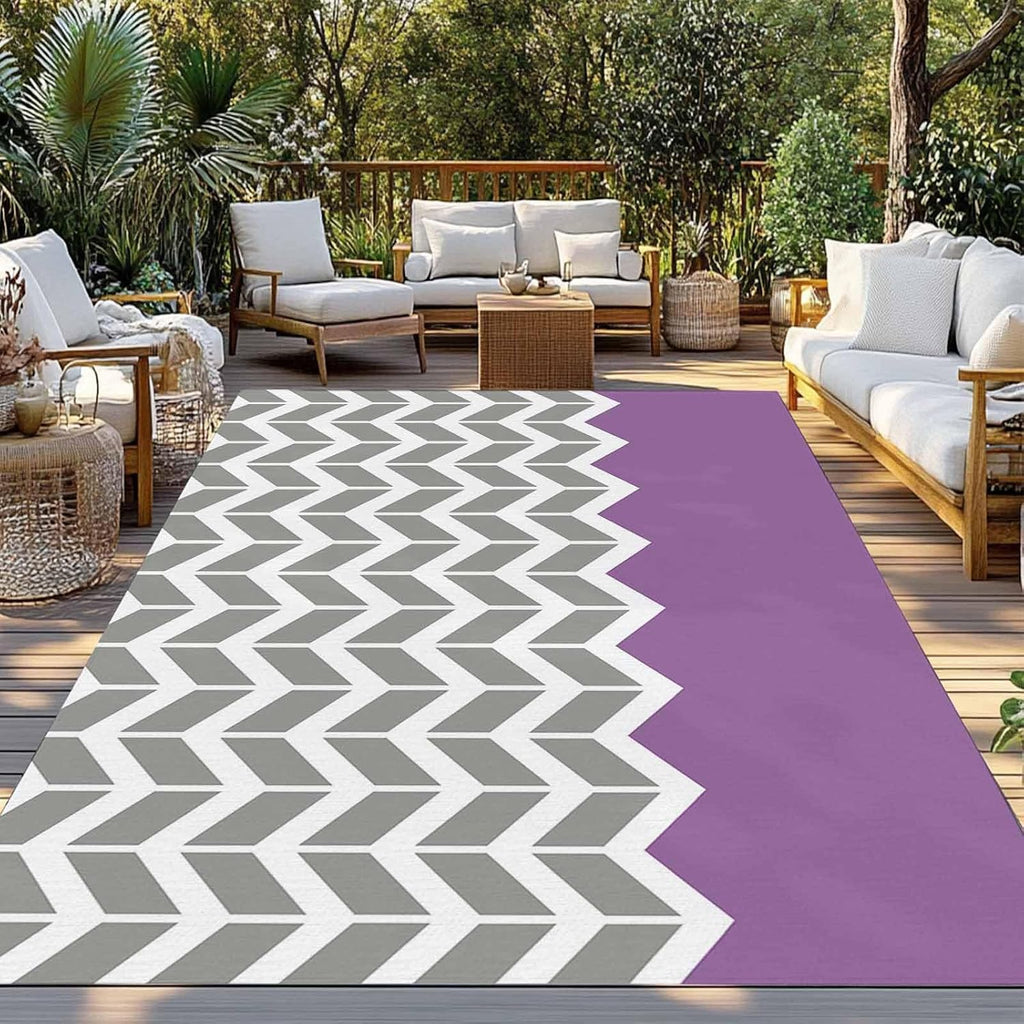 Outdoor Rug 4x6ft Grey White Arrow Chevron Striped Patio Area Rugs Waterproof Easy Cleaning Non Shedding Thick Mats Purple Carpet for Indoor Outdoor Porch Deck Backyard Balcony