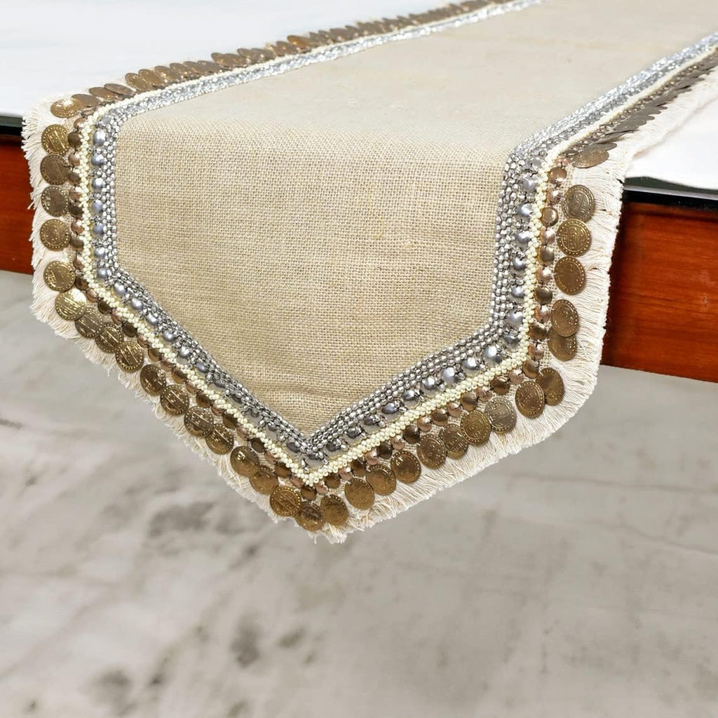 The HomeCentric Decorative Beige 6-8 Seater Table Runner (16 x 90 inch), Lace, Bead, Sequins, Burlap, Embroidered & Moroccan, Burlap Fabric Table Linen, Bordered Pattern Contemporary Style - Marima