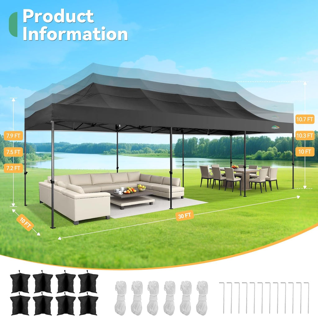 COBIZI 10x30 Heavy Duty Pop Up Canopy Tent – Commercial Grade, UPF 50+ UV Protection, Waterproof & Windproof, All-Season Outdoor Party Gazebo with Roller Bag, Black