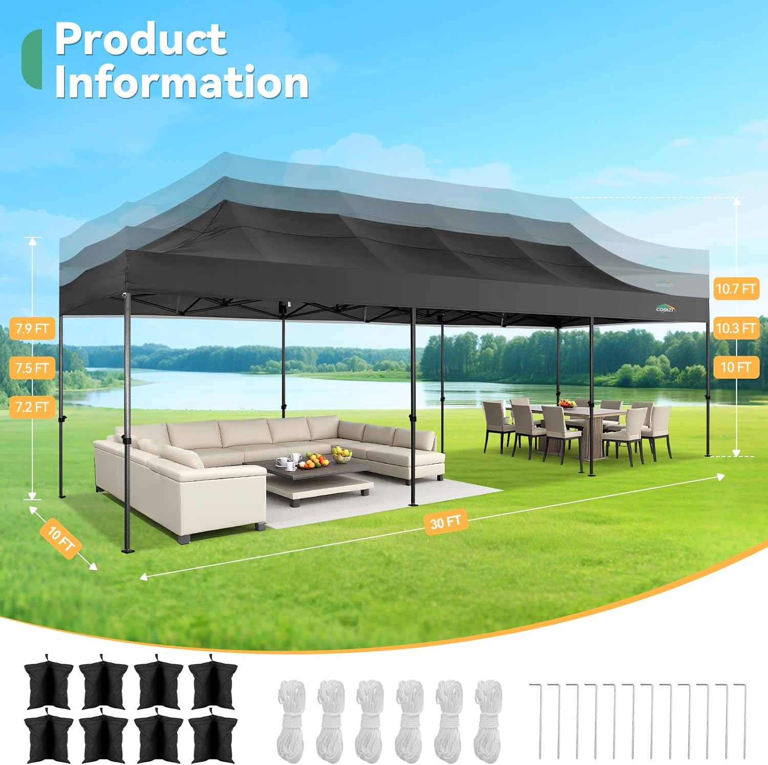 COBIZI 10x30 Heavy Duty Pop Up Canopy Tent – Commercial Grade, UPF 50+ UV Protection, Waterproof & Windproof, All-Season Outdoor Party Gazebo with Roller Bag, Black