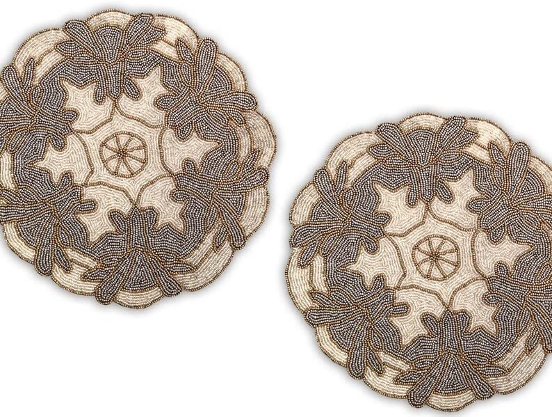 HM CREATIONS Set of 6 Placemats, Handmade Beaded Placemats, Floral Tablemats, Designer Charger Plates 13X36 Inches (6)
