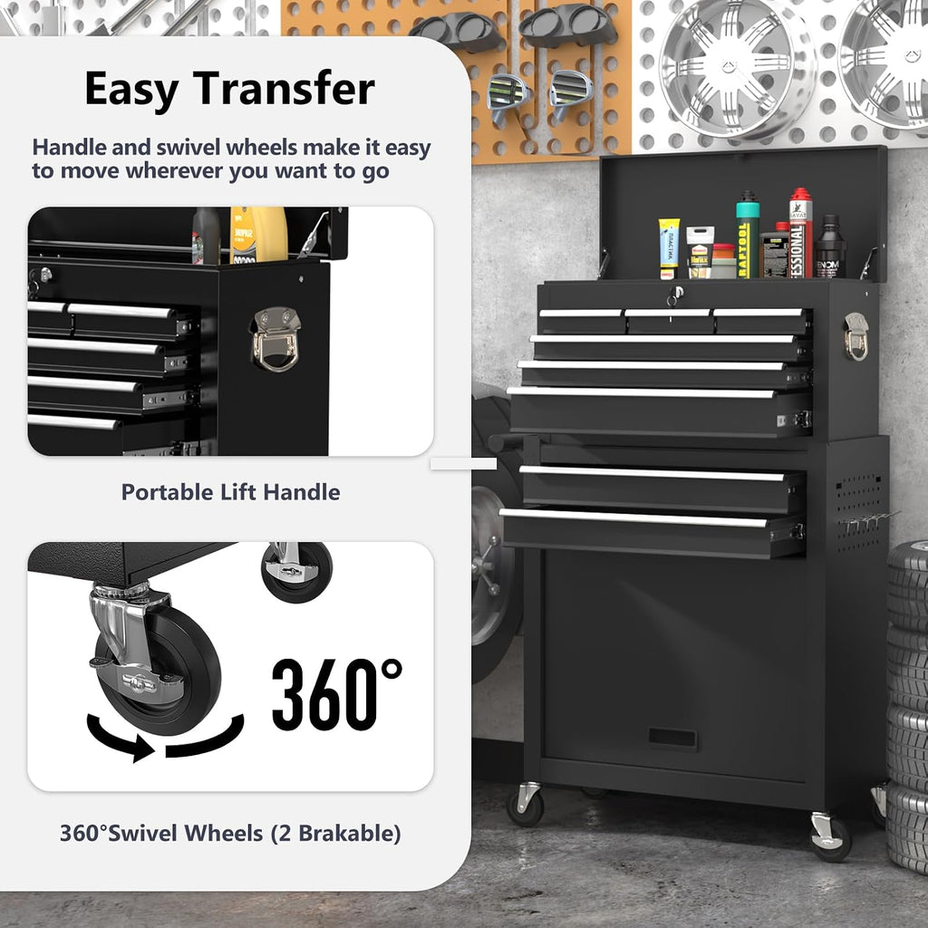 8 Drawer Tools Chest,42.9 inch Tool Cabinet with Universal Lockable Wheels，Organizable Tool Box with Detachable Top Box for Workshop，Black