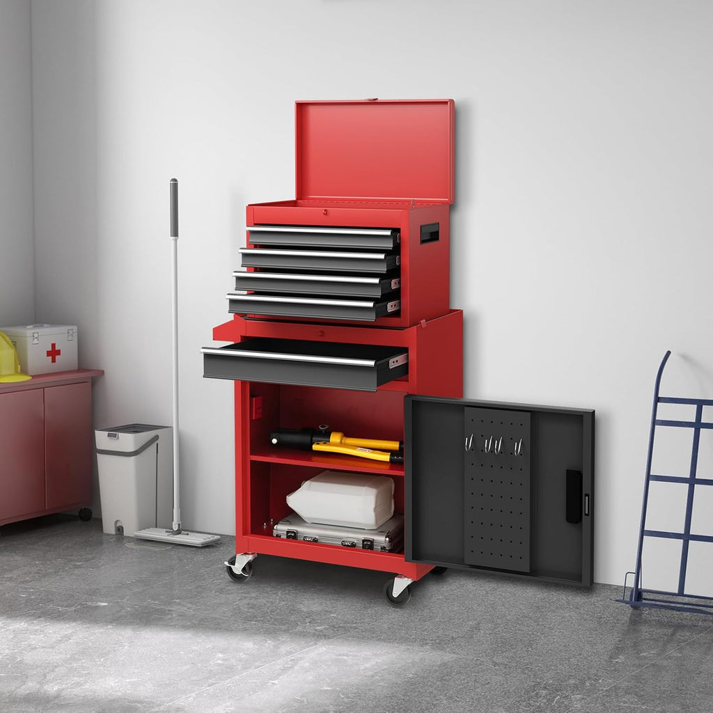 Rolling Tool Chest, 5-Drawer Tool Storage Cabinet with Wheels, Adjustable Shelf & Anti-Slip Liner, Tool Box Organizer for Garage, Warehouse & Workshop (Red+Black)