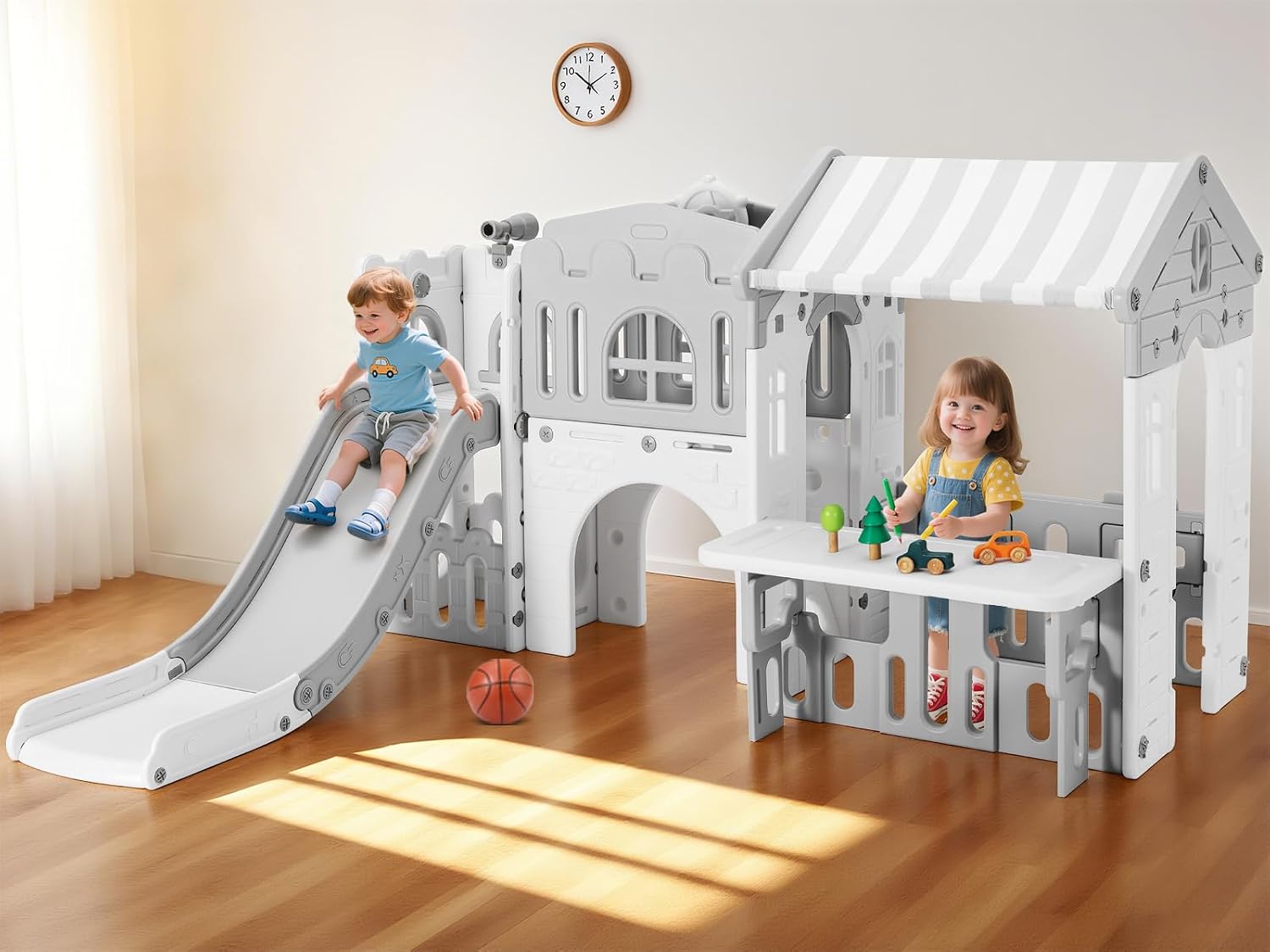 JOYLDIAS 9 in 1 Toddler Slide, Freestanding Kid Climber Slide Playset, Toddler Playhouse with Slide, Basketball Hoop and Climbing Frame, Indoor Outdoor Backyard Playground Toy for Toddlers Age 1-3+