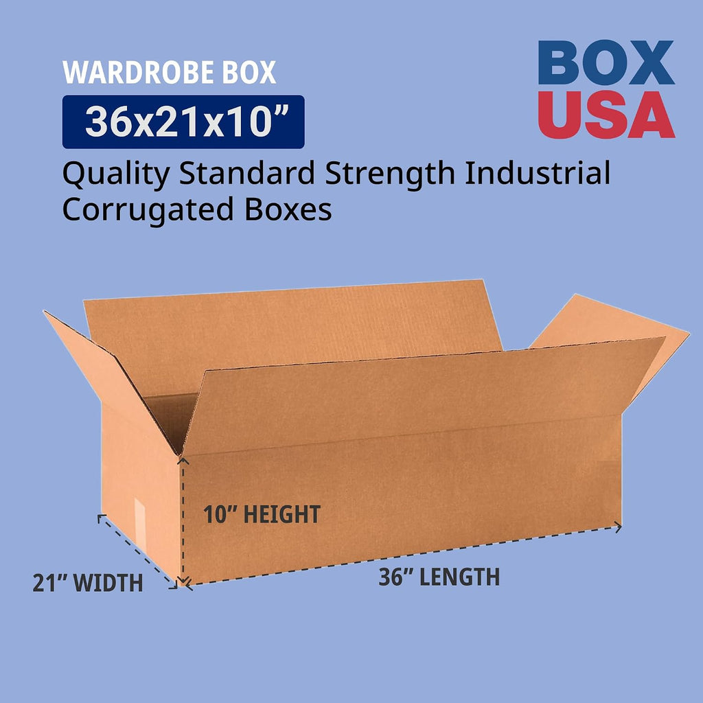 Box USA Wardrobe Moving Boxes Flat 36'L x 21'W x 10'H 10-Pack - Corrugated Cardboard Box for Shipping, Mailing, Packing, Packaging and Storage