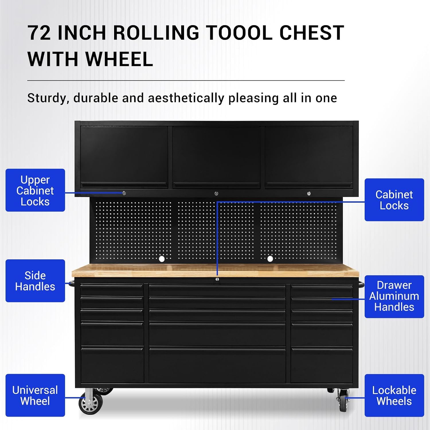 CHETTO C 72 Inch Tool Box Rolling Tool Chest 3 Upper Cabinets with 15 Storage Drawers Pegboard Large Toolbox with Wheels for Garage Warehouse Basement Home Pantry (Black)