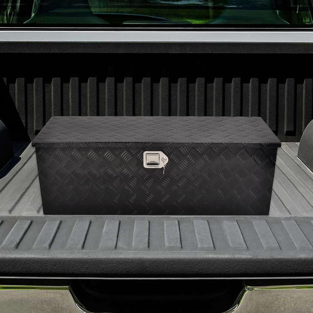 44 Inch Heavy Duty Aluminum Truck Tool Box Pick Up Truck Bed RV Trailer Toolbox Storage Organizer with Side Handle, Lock & Keys，Black,5 Bar Tread 44'(L) X15''(W) X15(H) Storage Box
