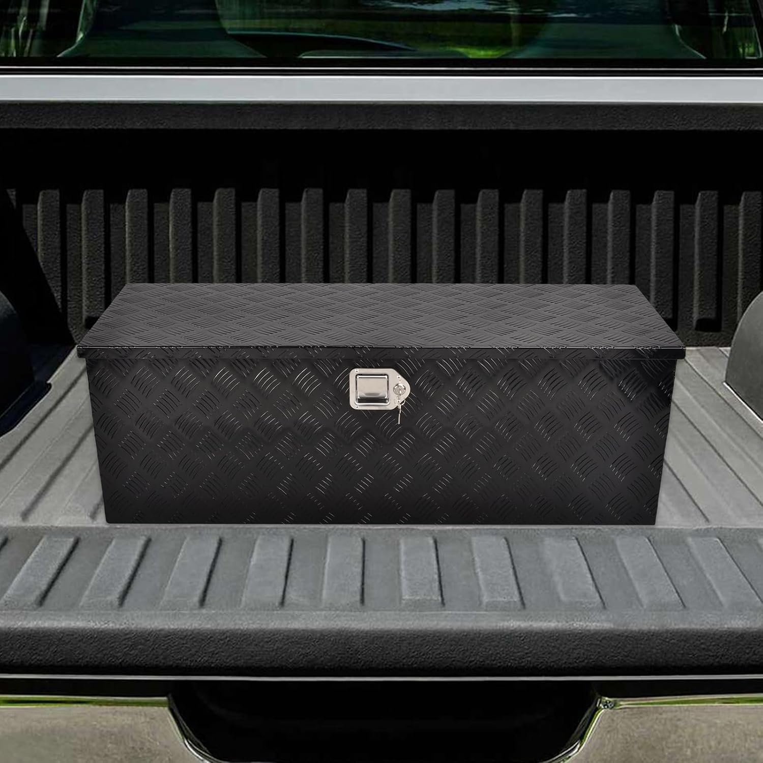 44 Inch Heavy Duty Aluminum Truck Tool Box Pick Up Truck Bed RV Trailer Toolbox Storage Organizer with Side Handle, Lock & Keys，Black,5 Bar Tread 44'(L) X15''(W) X15(H) Storage Box