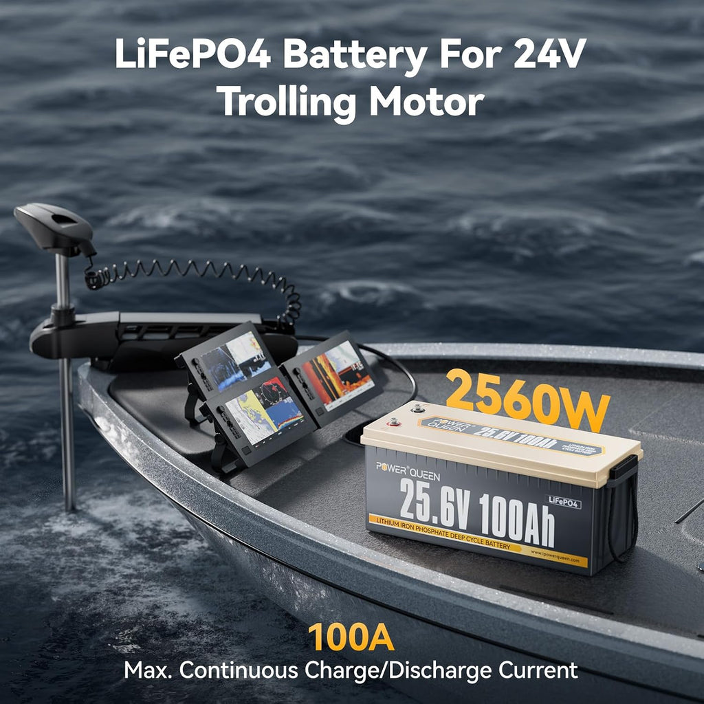 power queen 24V 100Ah LiFePO4 Battery, 100A BMS Protection, 4000-15000 Cycles, 2.56kW Load Power, 2.56kWh Deep Cycle Lithium Battery for Off-Grid Solar Power System, RV, 24V Trolling Motor