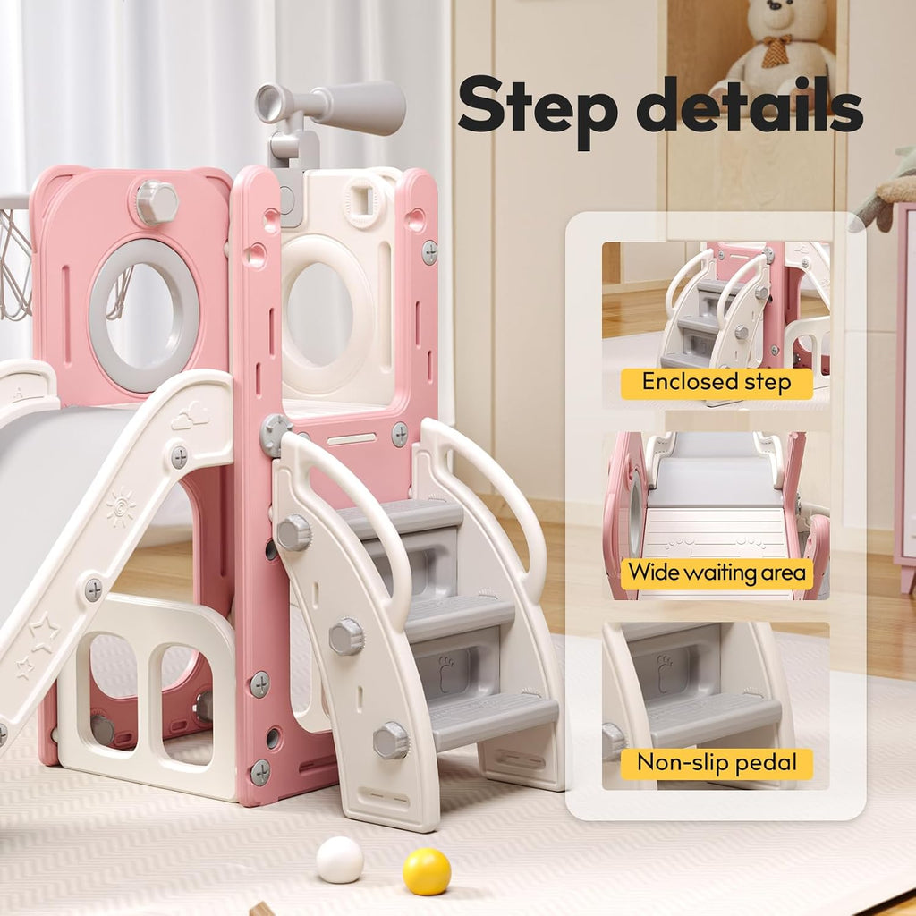 6 in 1 Toddler Playset with Slide,Toddler Slide,Slide for Kids with Basketball Hoop,Ball,Ring Toss,Kids Slide Toddler Playground Toddler Slide Indoor Outdoor Toys