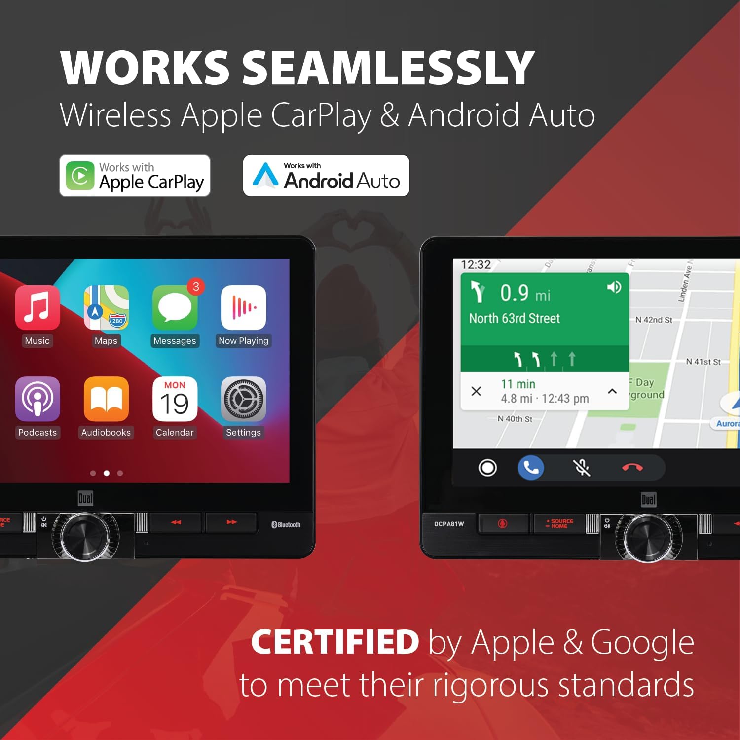 Dual Electronics DCPA81W 8-inch Certified Apple CarPlay Android Auto Wired or Wireless | Single DIN and Double DIN Touchscreen Car Stereo | Bluetooth | Front and Rear Camera Inputs | USB Charging