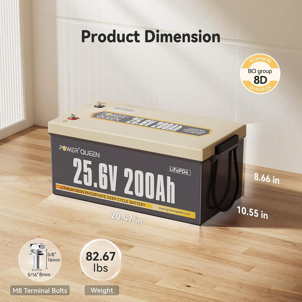 Power Queen 24V 200Ah LiFePO4 Battery, Lithium Battery Built-in 200A BMS, 5.12KWh Deep Cycle Power, 4000 to 15000 Cycles Rechargeable Battery for RV, Camper, Trailer, and Solar Off-Grid System