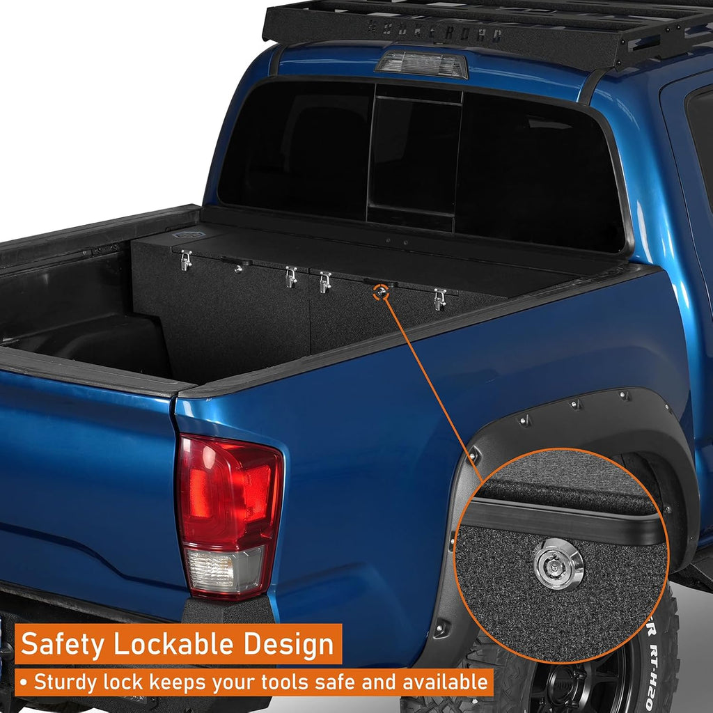 Hooke Road Tacoma Bed Tool Box Lockable Cargo Storage for Toyota Tacoma 5' and 6' Bed, Chevy Colorado & GMC Canyon 5'2' Truck, Solid Steel Waterproof Security Toolbox with Lock Keys