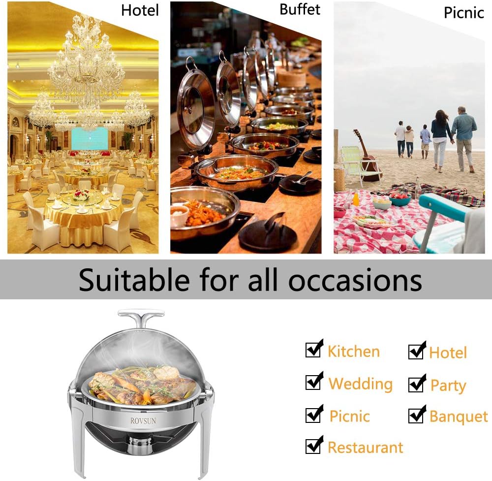 ROVSUN 2-Pack Roll Top Chafing Dish Buffet Set,6 Quart Full Size Pan Chafer, NSF Stainless Steel Round Set with Food Pan, Water Pan and Fuel Holders, for Wedding, Parties, Banquet, Catering Events
