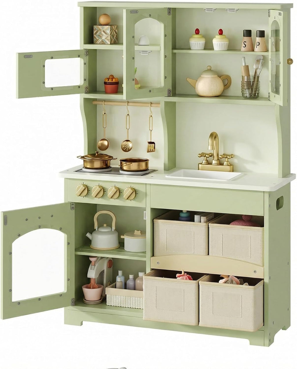 knoworld Play Kitchen for Kids, Wooden Toy Kitchen Set with Smart Storage & Accessories, Toddler Kitchen Playset with Stove & Oven, Pretend Play Set, Gift for Ages 3+, Green