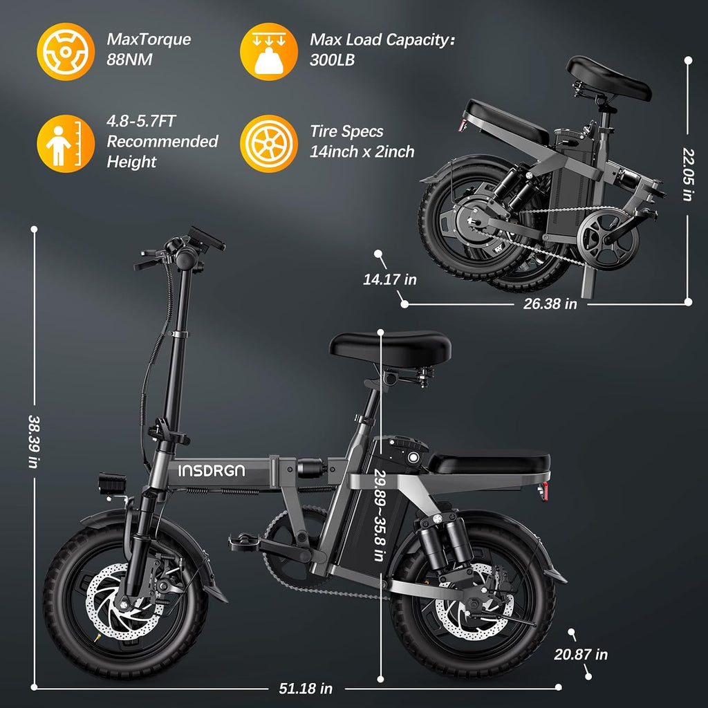 INSDRGN 14' Folding Electric Bike for Adults, Peak 1500W Motor,20MPH Max Speed,48V 16Ah Removable Battery Electric Bike, 35/62Miles Max Range, UL 2849 Certified E Bike