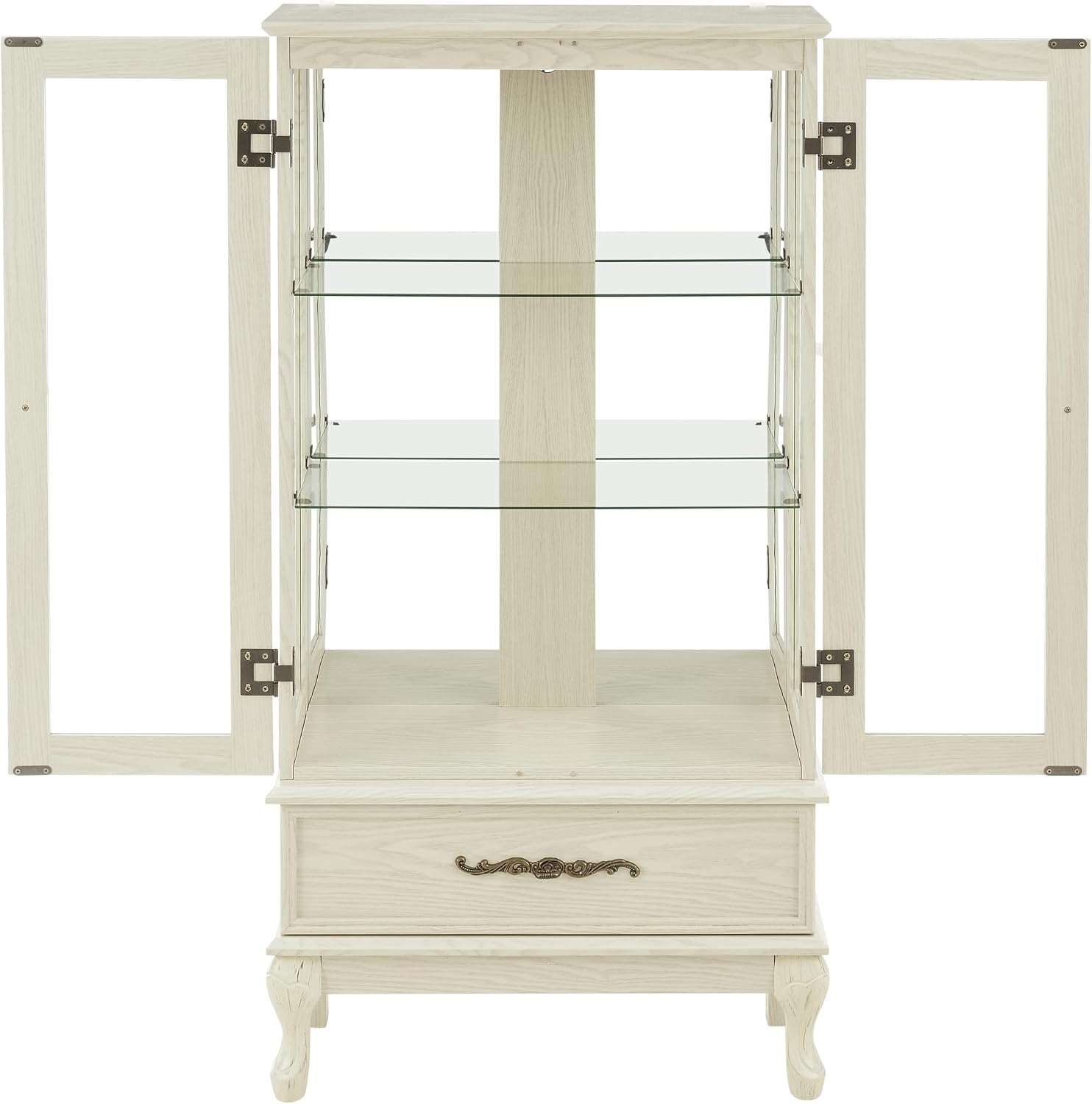 51' H Lighted Curio Cabinet Display Case, Glass Curio Cabinet with Adjustable Shelves,Tempered Glass Door and Drawer, Wooden Cabinets w/Mirrored Back Pane for Living Room (Antique White)