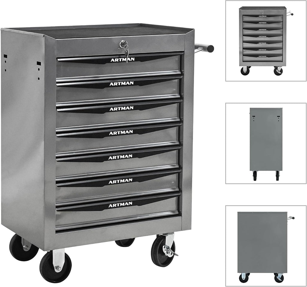 Rolling Metal Tool Chest with 7 Drawers – 20' Steel Tool Storage Box Organizer with Ball Bearing Slides & Lockable Mobile Cabinet on Wheels(Silver)