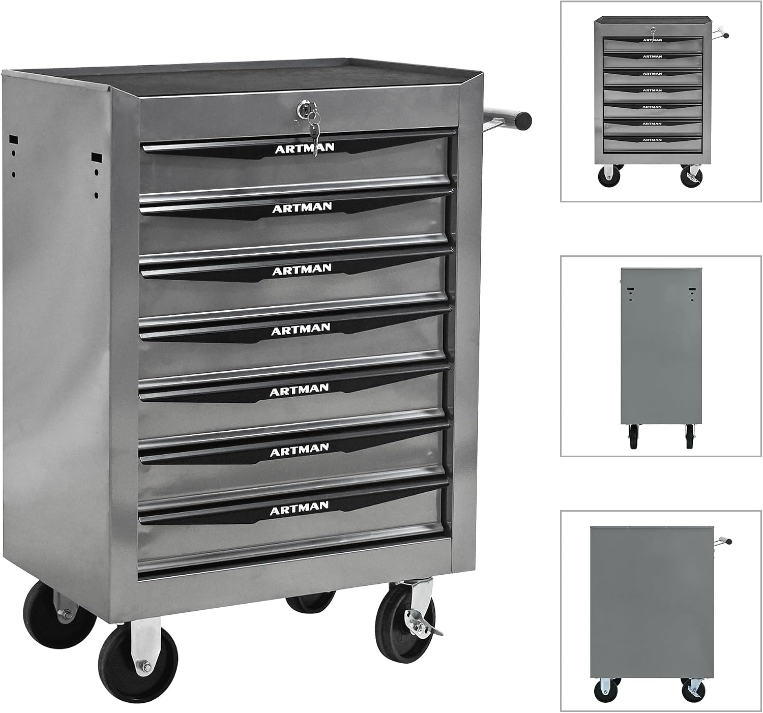 Rolling Metal Tool Chest with 7 Drawers – 20' Steel Tool Storage Box Organizer with Ball Bearing Slides & Lockable Mobile Cabinet on Wheels(Silver)