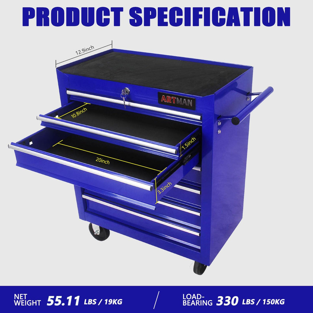 7-Drawer Tool Cart on Wheels, Drawers Rolling Tool Chest with Key Lock, Mobile Trolley Organizer Tools Box with Locking Wheels & Ball Bearing Drawers for Garage,Repair Shop (Blue)