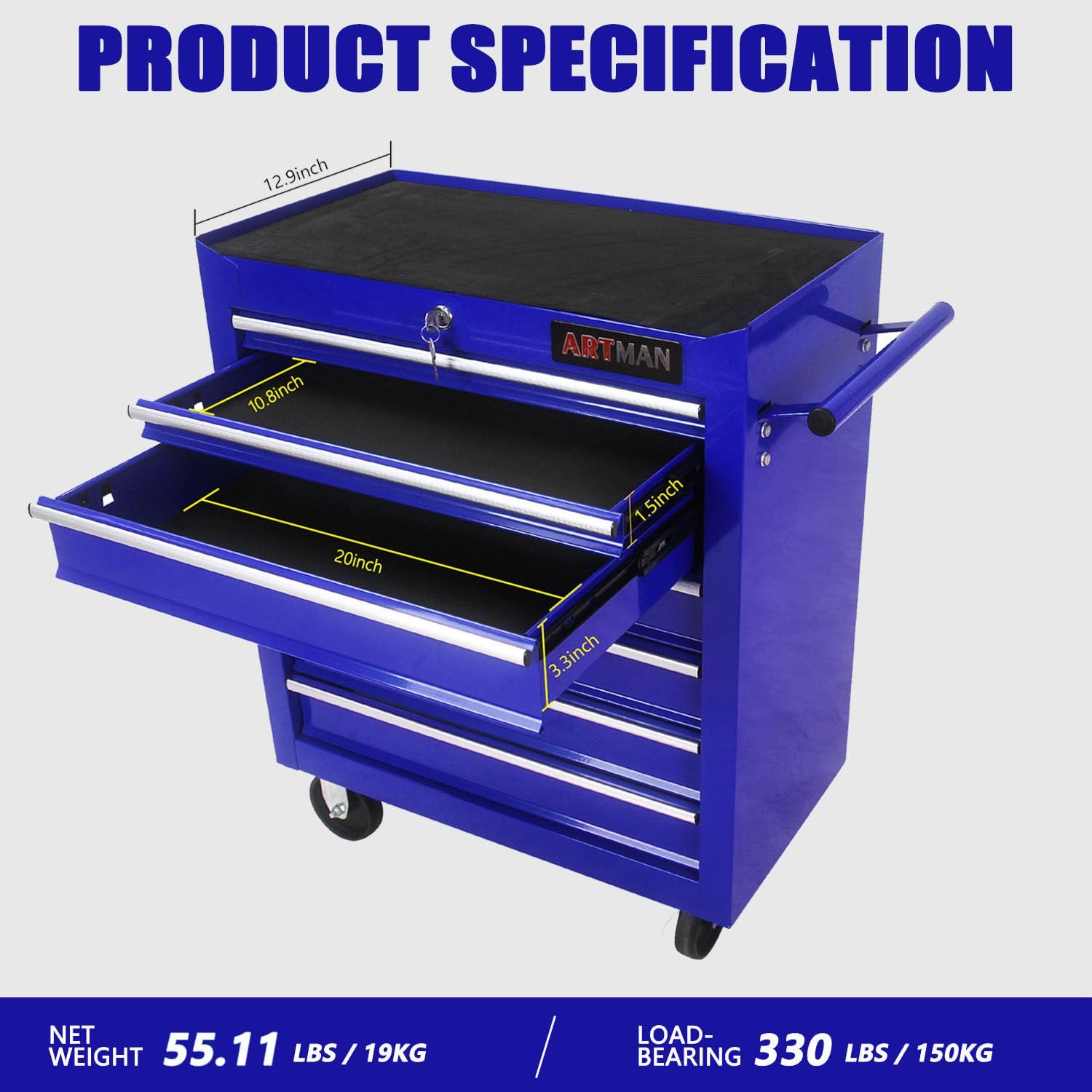 7-Drawer Tool Cart on Wheels, Drawers Rolling Tool Chest with Key Lock, Mobile Trolley Organizer Tools Box with Locking Wheels & Ball Bearing Drawers for Garage,Repair Shop (Blue)
