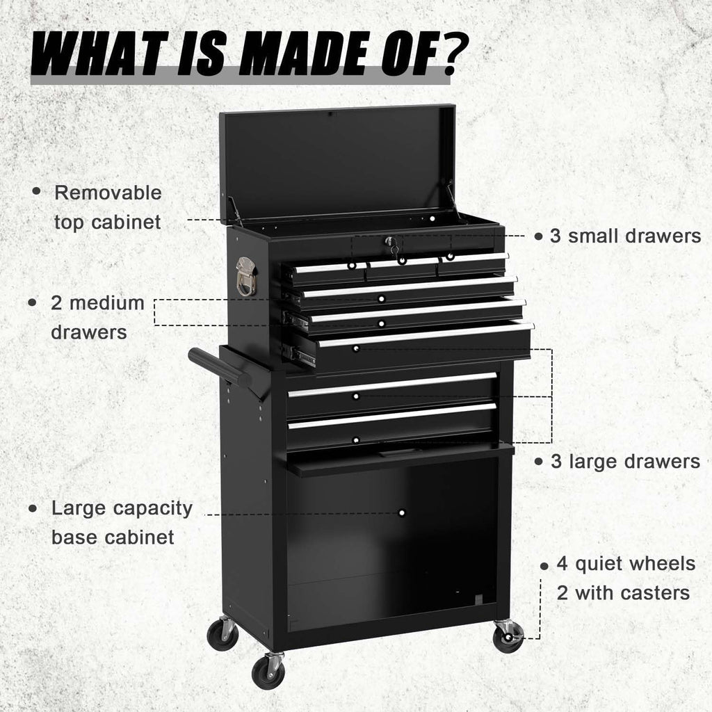 8-Drawer Tool Chest with Wheels,High Capacity Rolling Tool Box with Wheels,Locking Mechanical Tool Chest,Metal Tool Box for Garage Workshop (Black)