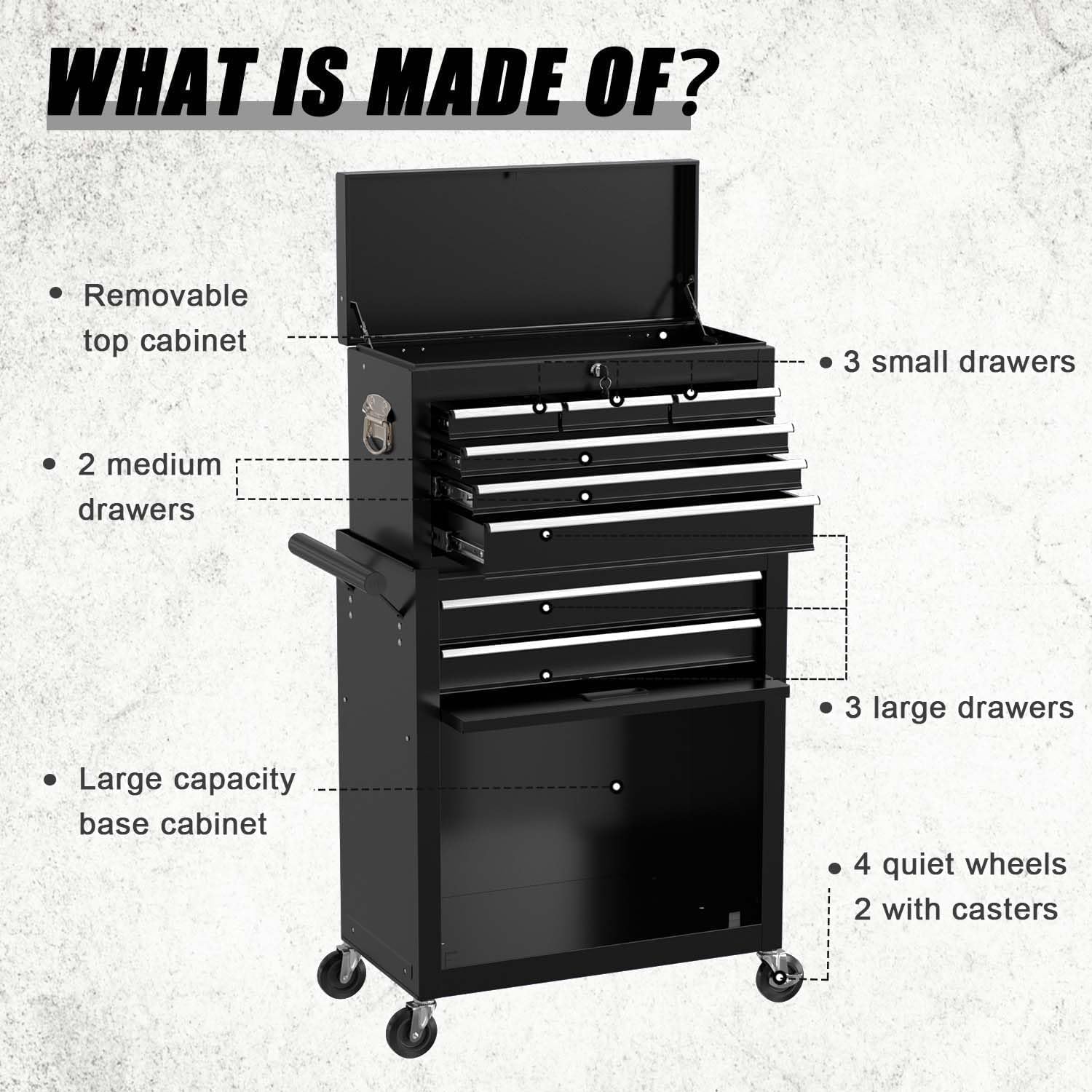 8-Drawer Tool Chest with Wheels,High Capacity Rolling Tool Box with Wheels,Locking Mechanical Tool Chest,Metal Tool Box for Garage Workshop (Black)
