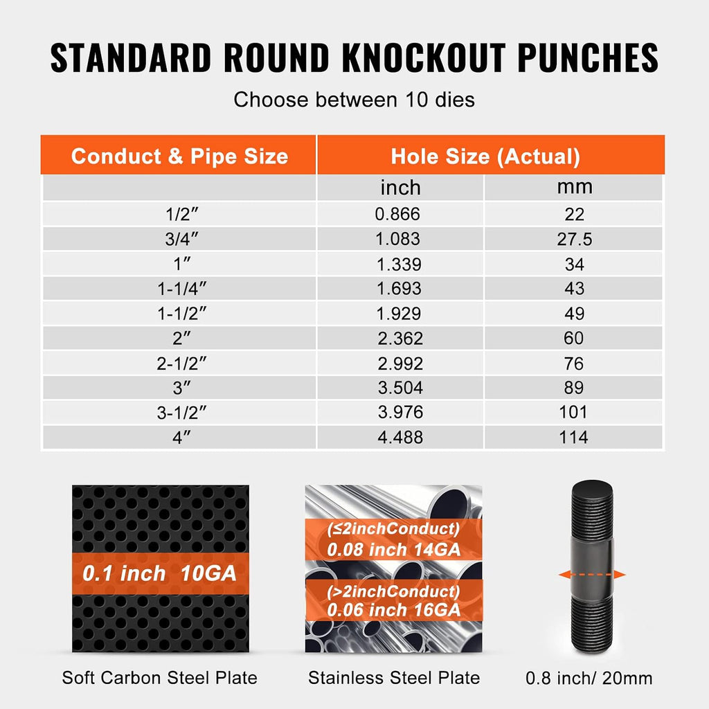 VEVOR 15 Ton Hydraulic Knockout Punch Kit, 1/2' to 4' Conduit Hole Cutter Set, KO Tool Kits W/Puncher 10 Piece, Metal Sheet Driver Tools, for Aluminum, Brass, Stainless Steel, Fiberglass and Plastic