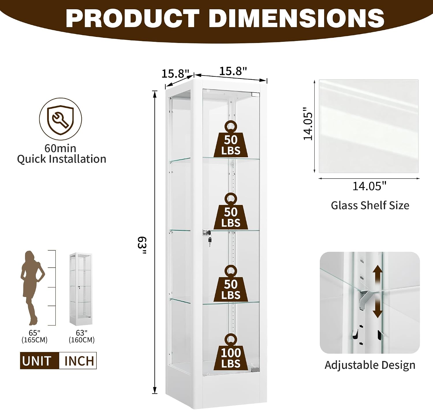 Glass Display Cabinet with Lock & 13 Color Light, Lighted Corner Curio Cabinet with Glass Door & Adjustable Shelves, Metal Display Case for Collectibles Figures Wine China, 15.7' W White