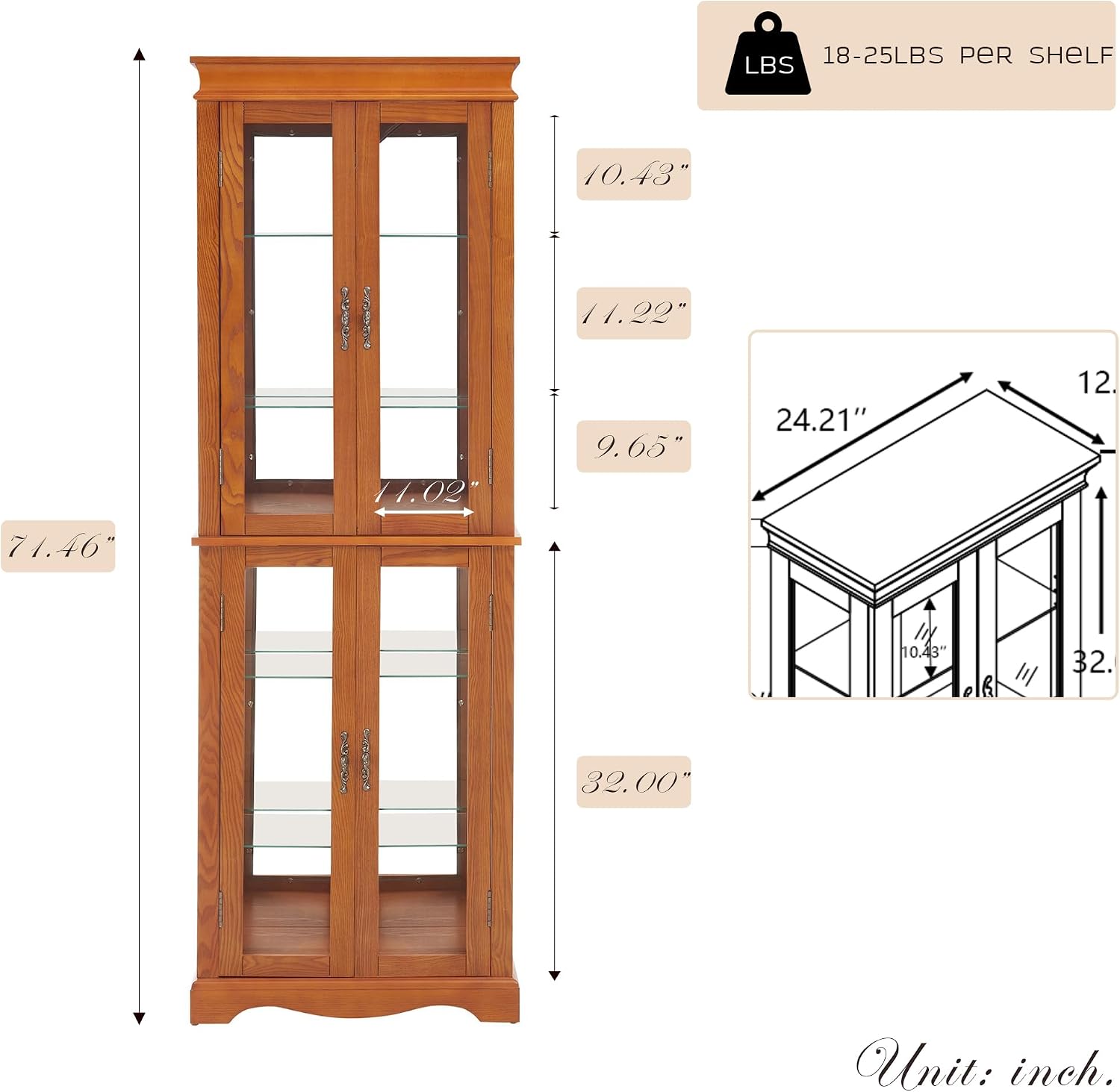 71' Lighted Curio Cabinet with 6 Adjustable Shelves, Vintage Glass Display Case, Tempered Glass Doors, Tall Wine Bar Cabinet for Living Room Liquor Storage, Bulb Included