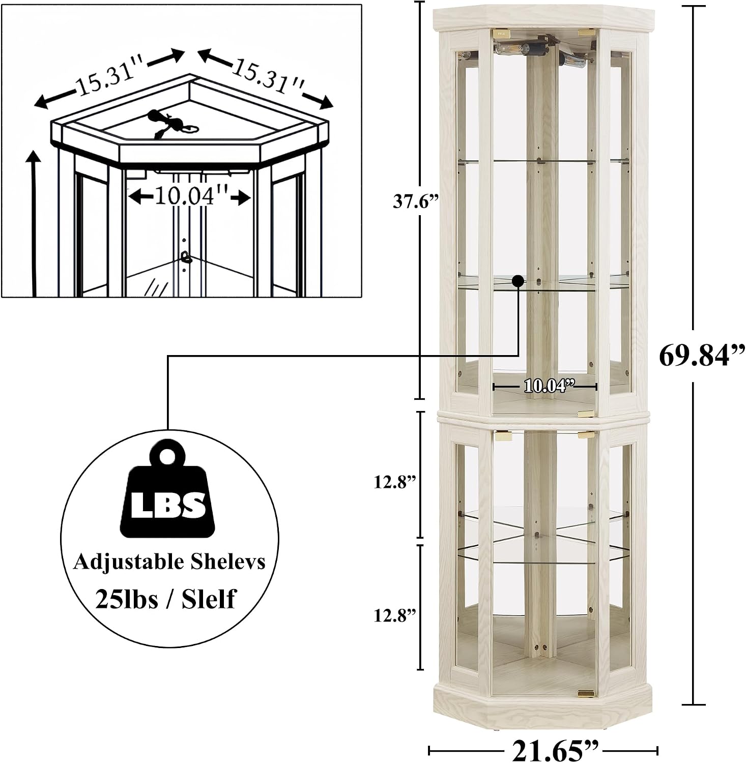 69' H Lighted Curio Cabinet Corner Display Case,Corner Glass Cabinet with Tempered Glass Door and Adjustable Shelves,Wooden Curio Case with Mirrored Back Pane (Style 2 - Antique White)