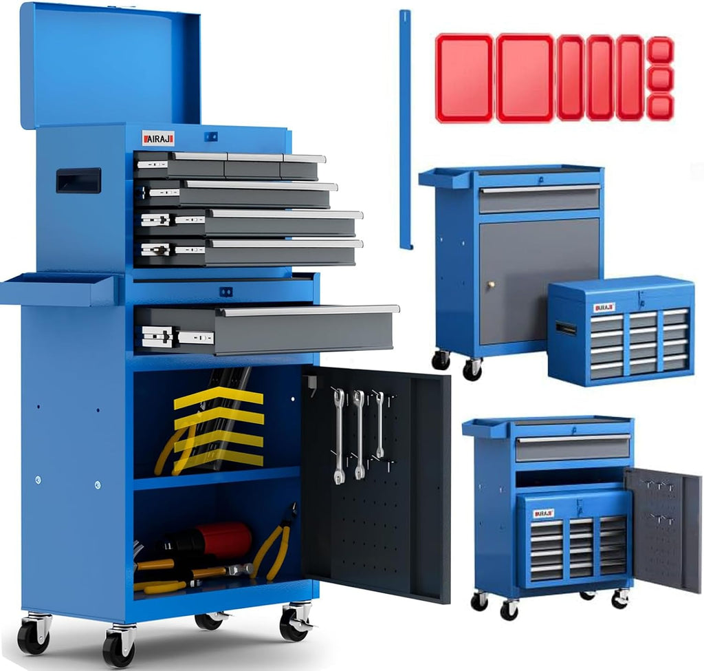 AIRAJ 7-Drawer Tool Chest with Wheels,41' Heavy Duty Rolling Tool Chest,Detachable Top Tool Box,Tool Cabinet with Liners,Hooks,Tray Divider,Rolling Tool Chest for Workshop,Warehouse