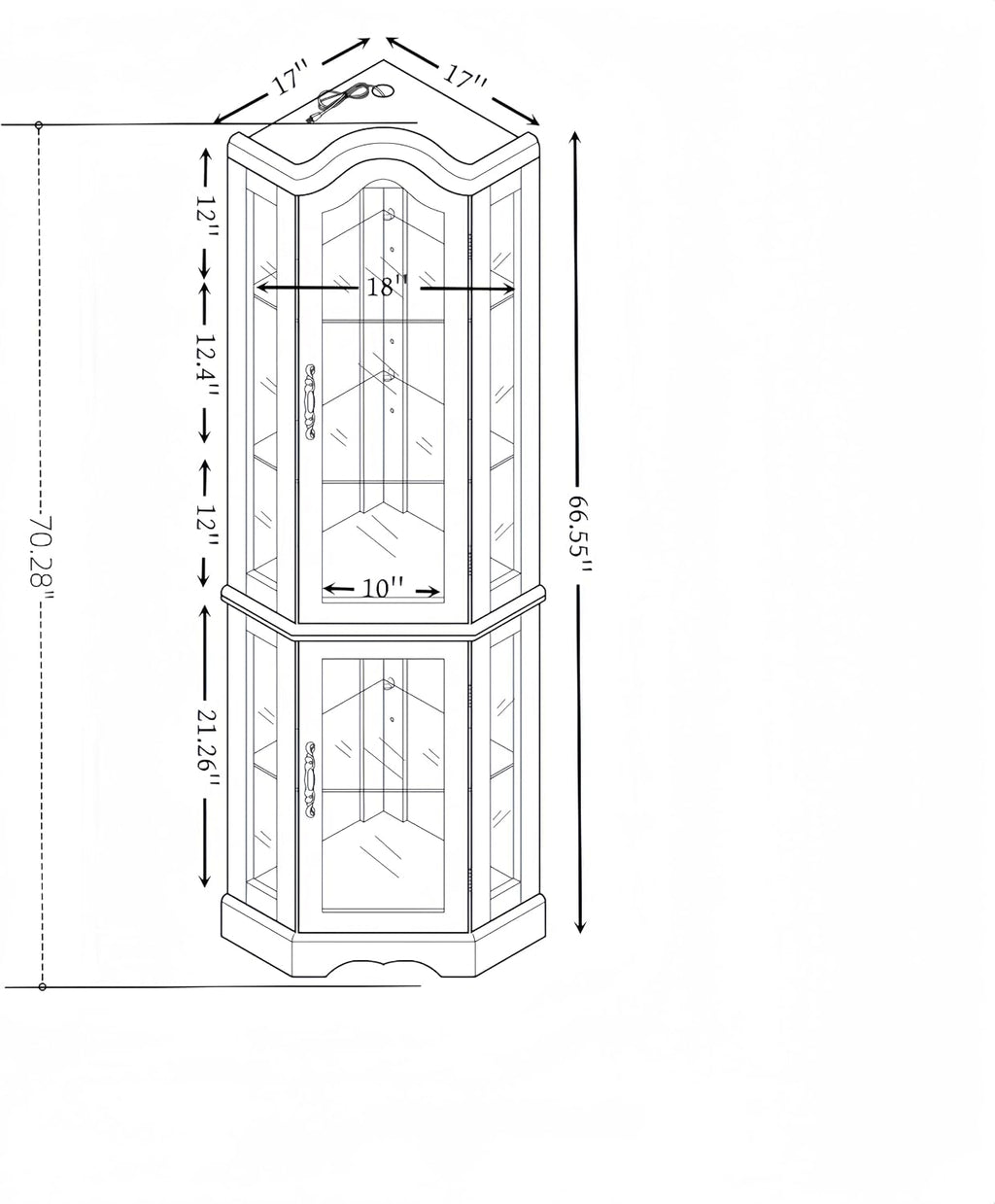 70'H Lighted Corner Display Cabinet, 5-Tier Wooden Curio Glass Cabinet with Adjustable Shelves, Carved Crown Corner Storage Display Case with Mirrored Back Pane for Living Room (Antique White)