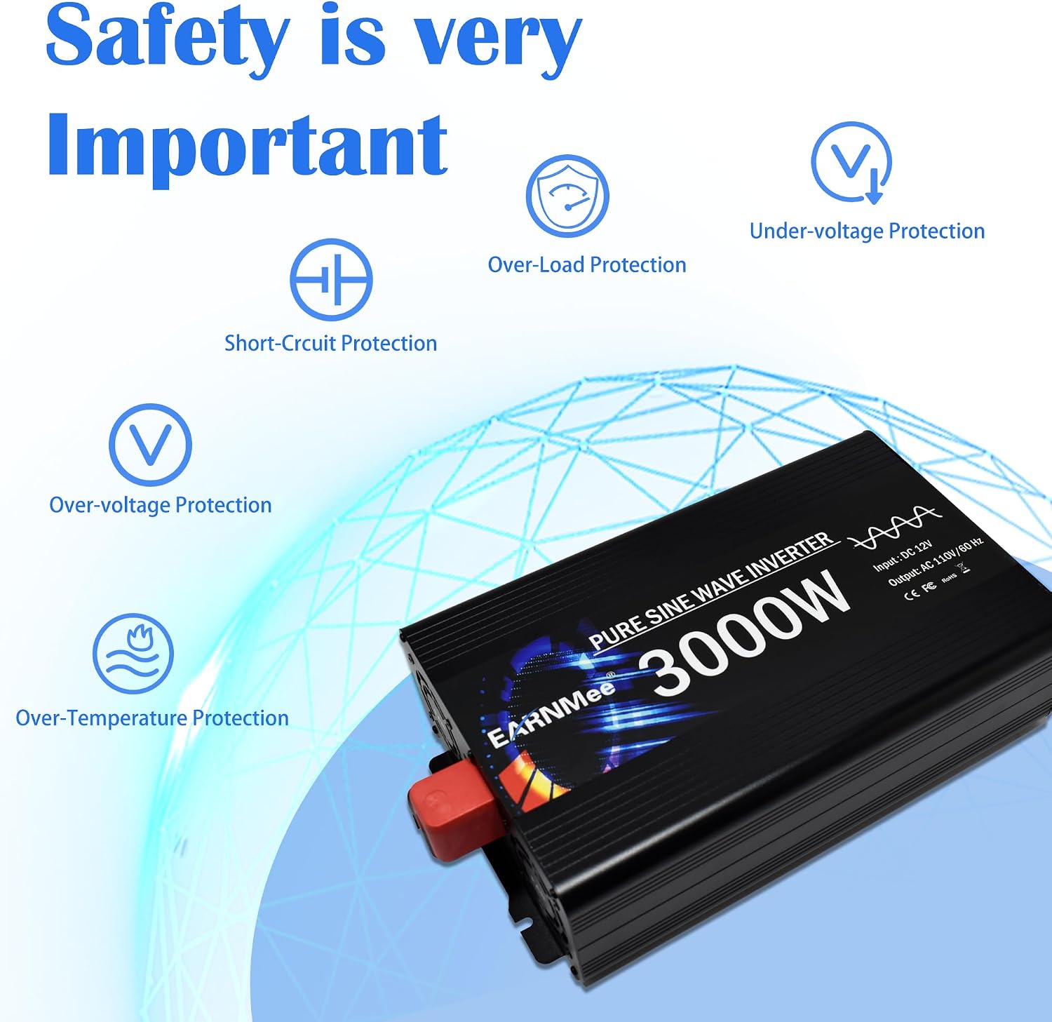 3000W Pure Sine Wave Inverter, Vehicle Converter,12V DC to 110V 120V AC for Car, RV, Truck, Home, Solar Power Inverter with LCD Display