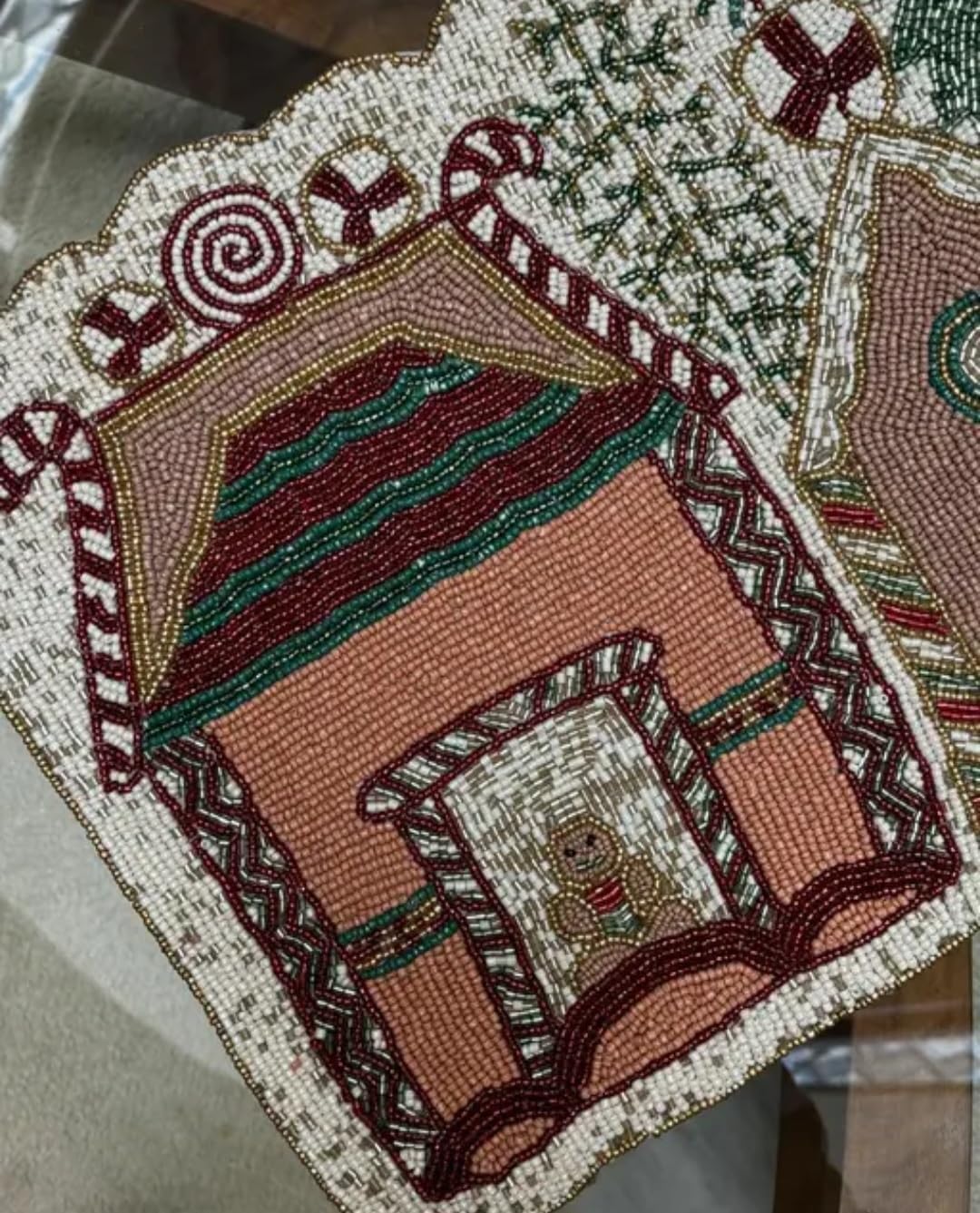 Beaded Table Runner, Christmas Gingerbread House Design, Holiday Winter Theme, Decorative Accent