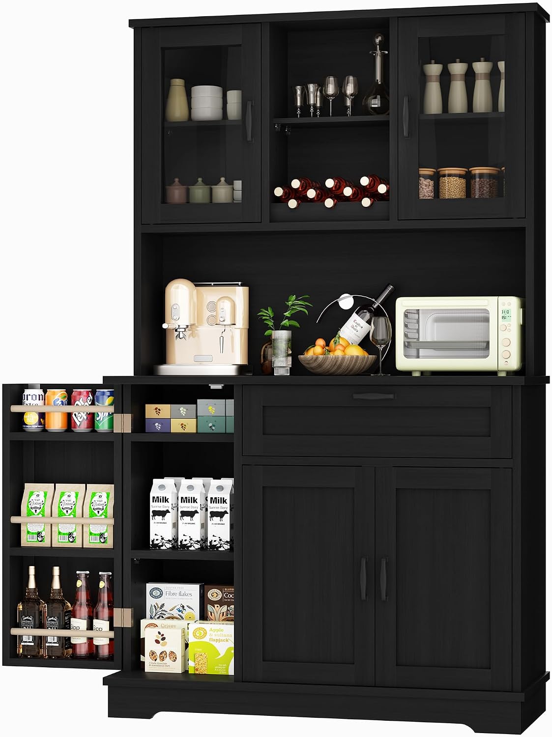 Shintenchi Kitchen Pantry Storage Cabinet, Freestanding Buffet Cabinet with Microwave Stand & 4 Door Shelves, Kitchen Hutch with Doors, Adjustable Shelves and Wine Rack, Black