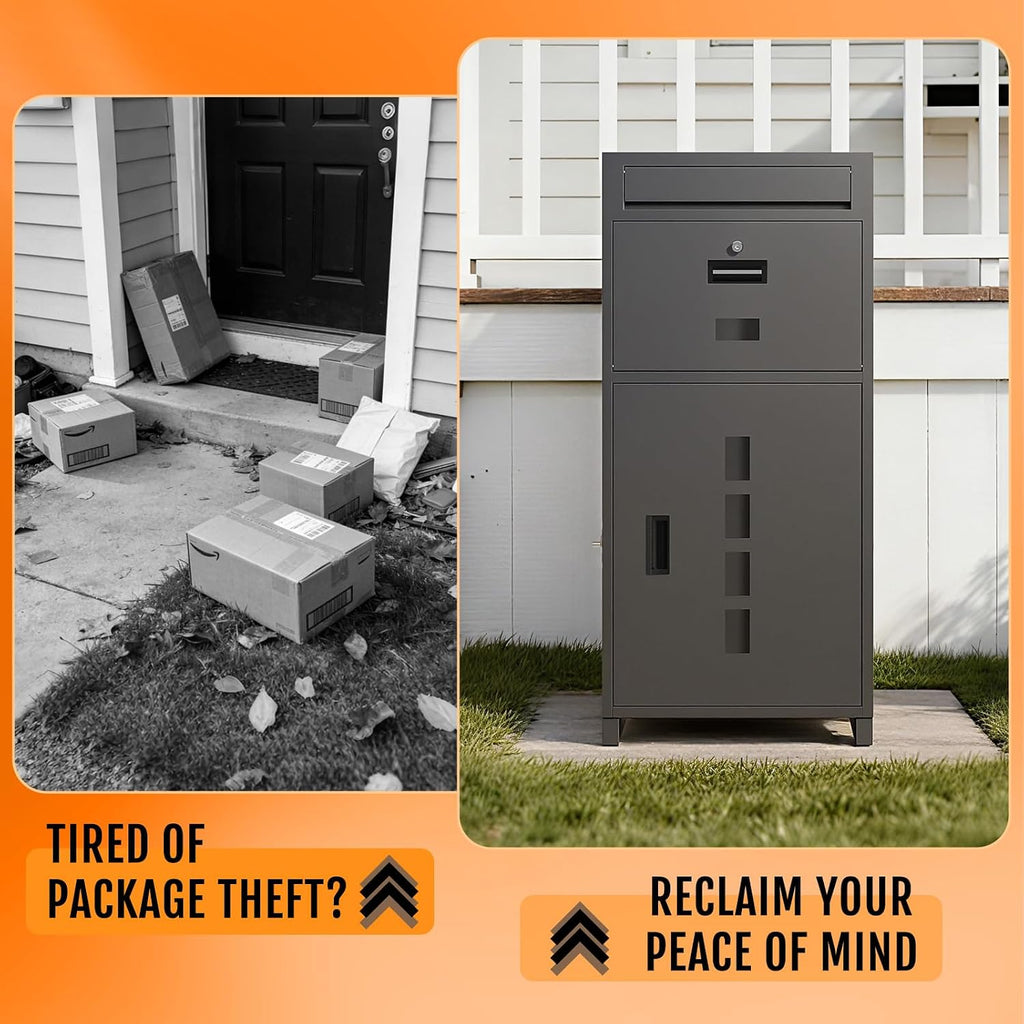 Package delivery Boxes for Outside | Anti-Theft Porch Package Delivery Box with Lock | Outdoor Weatherproof Parcel | Large Mailbox for Packages for Garden, Porch, Yard (Gray, 40.6H x 15.4D x 19.7W)