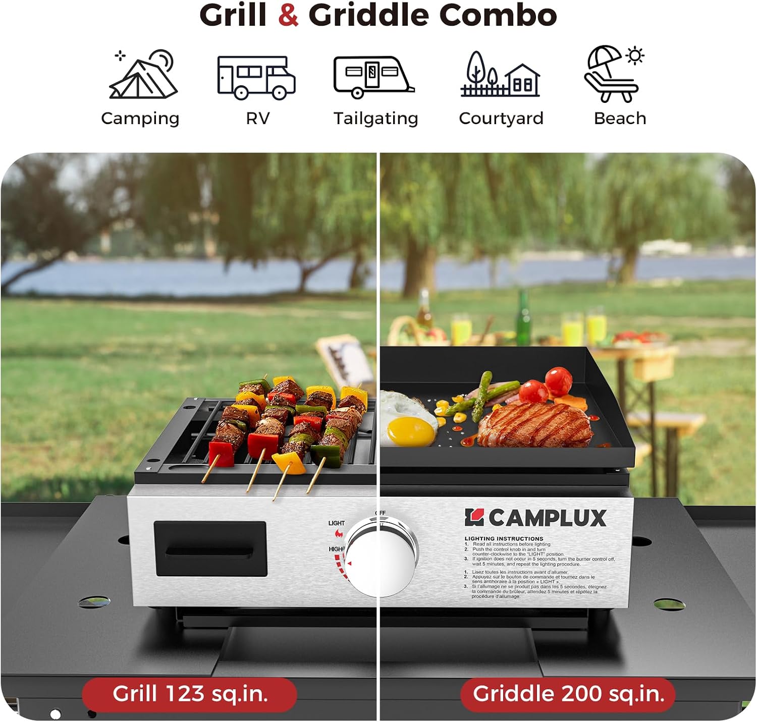 CAMPLUX Propane Griddle Grill 2-in-1 11,000 BTU, Portable Camping Griddle Ceramic Coated, 18-Inch Tabletop Grill with 20 lbs and RV Regulator for BBQ, Camping, RV Picnic and Tailgating