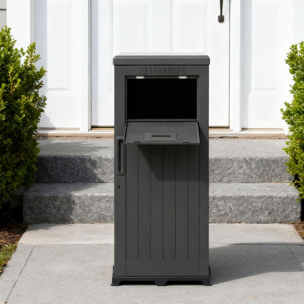 Package Delivery Box for Outside, Large Parcel Drop Box, Lockable Waterproof Resin Anti-Theft Outdoor Package Mailbox with Secure Storage for Porch, Curbside, House & Office Deliveries
